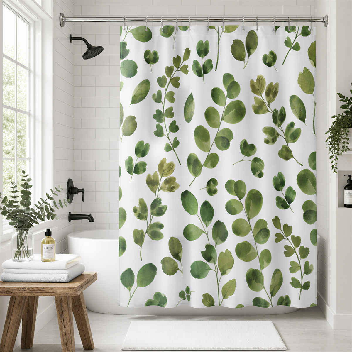 a bathroom with a shower curtain featuring a leaf pattern in shades of green and white. The shower curtain is hanging from a rod above a white bathtub. The bathroom also includes a wooden stool, a bottle of soap, and a potted plant.