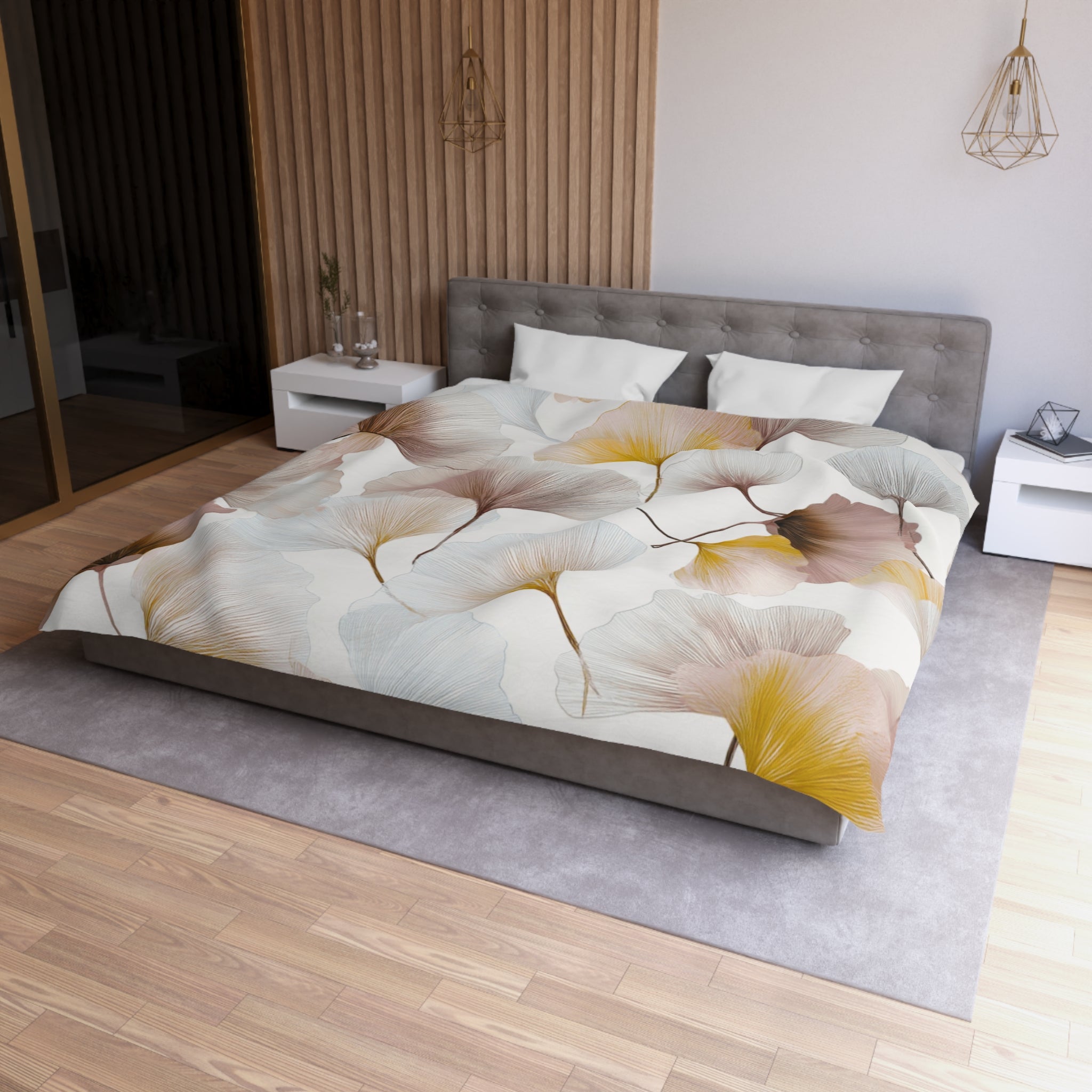 White and yellow floral duvet cover on a neatly made bed