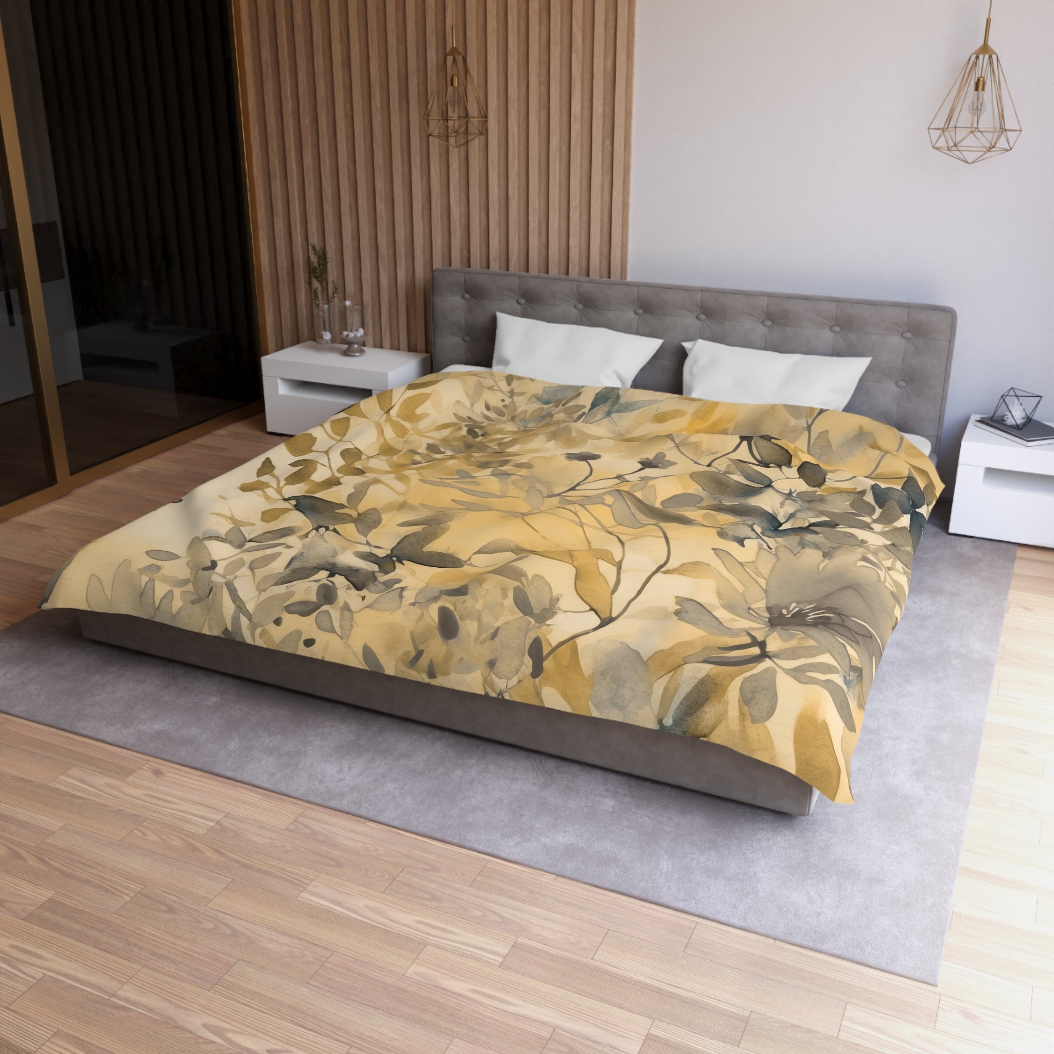 Floral Duvet, Pillow Cover | Beige Grey Leaves Bedroom Decor
