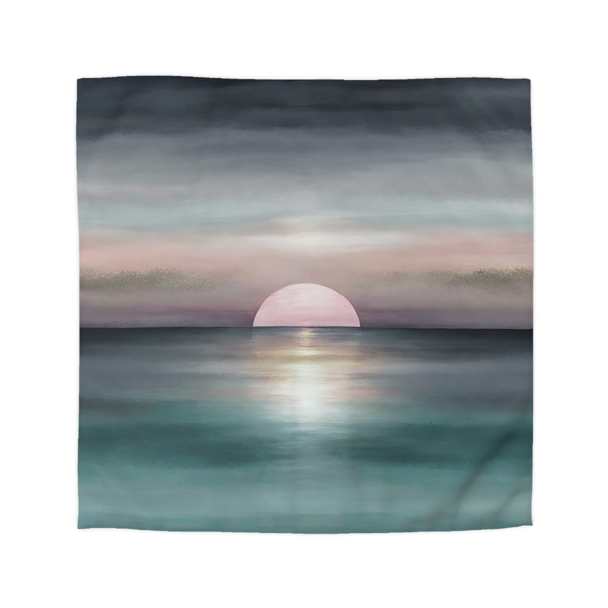 Abstract Ocean Duvet Pillow Cover Set | Teal Green Blue, Pink Sun