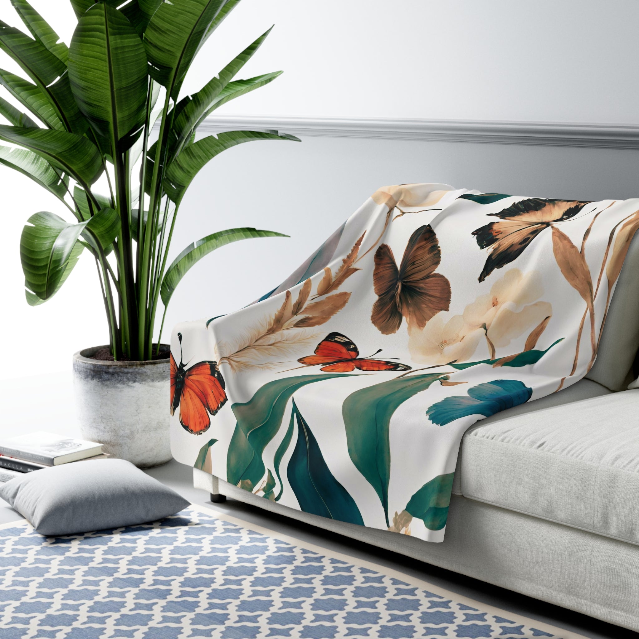 Butterflies Floral Throw Blanket | Green Beige Meadow