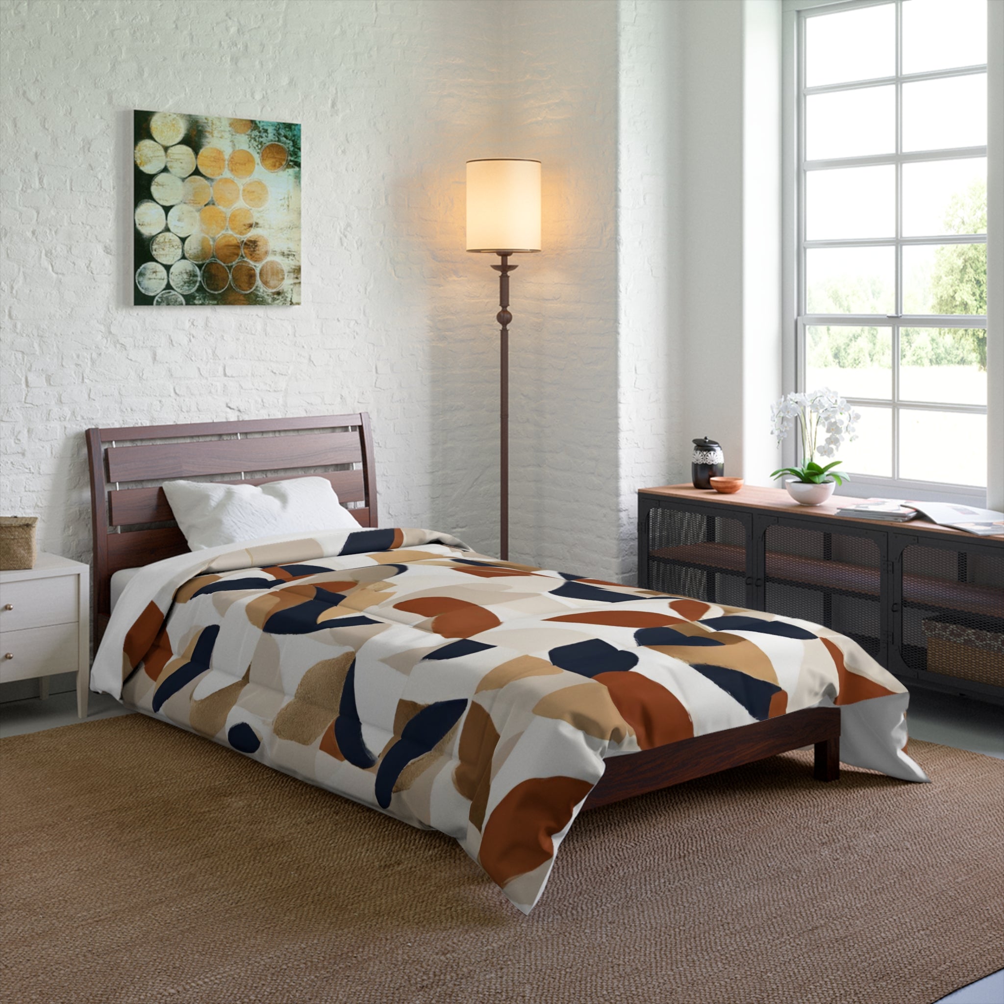 Abstract Comforter | Geometric, Navy Blue, Rust, Beige Gold