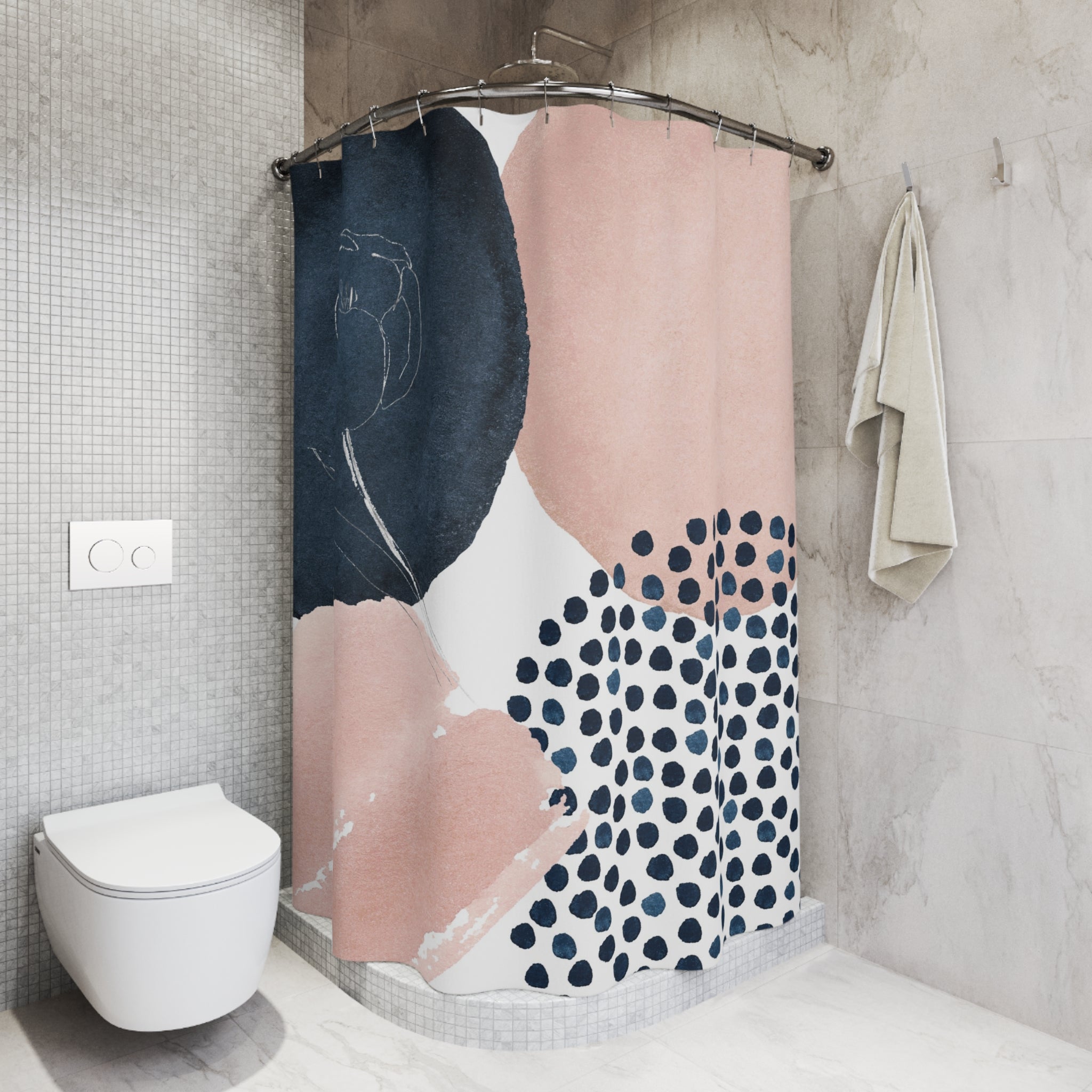 Abstract Shower Curtain | Blush Pink, Navy Blue Bathroom Decor