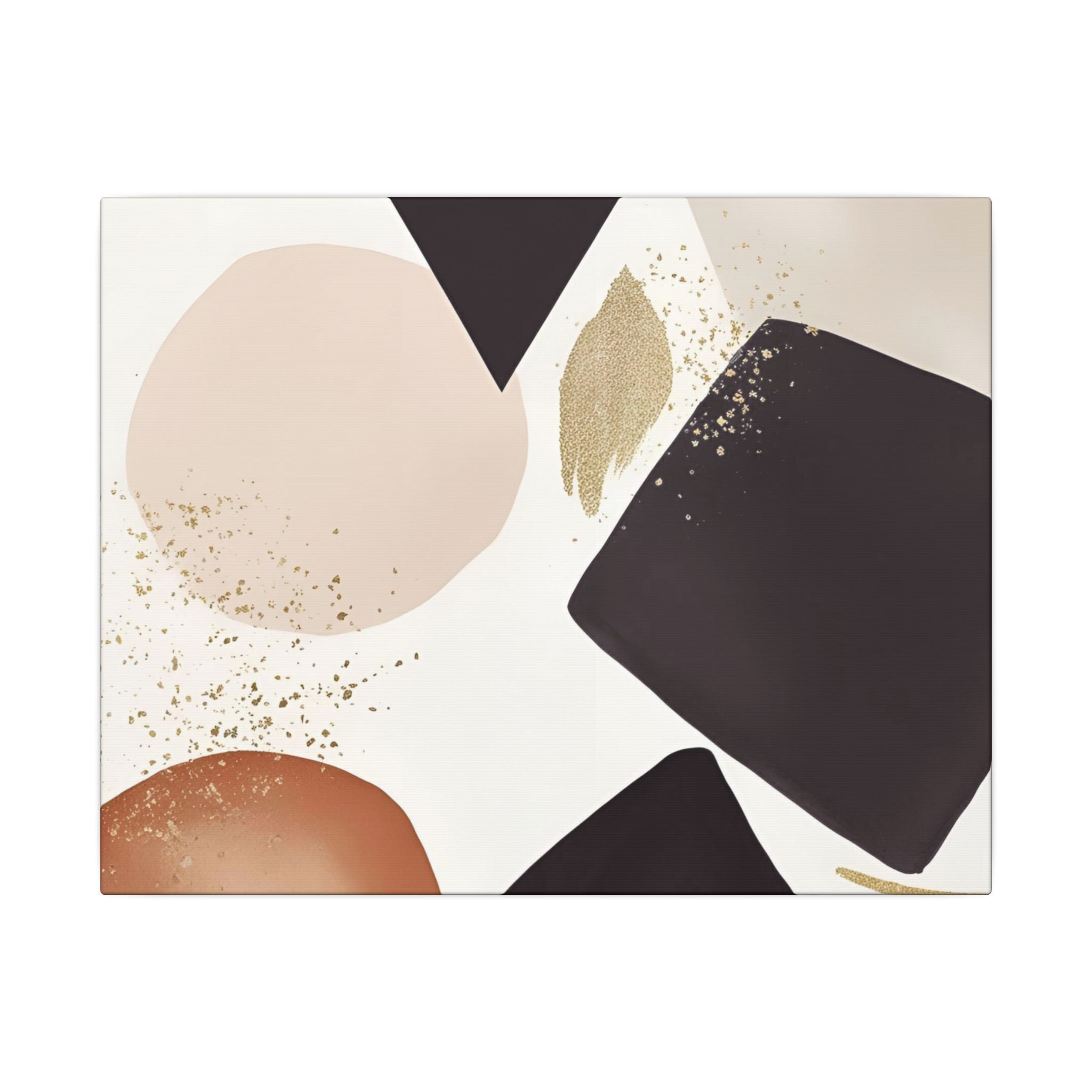 The image is a modern abstract art piece featuring a variety of shapes and colors, including shades of brown, black, and gold.
