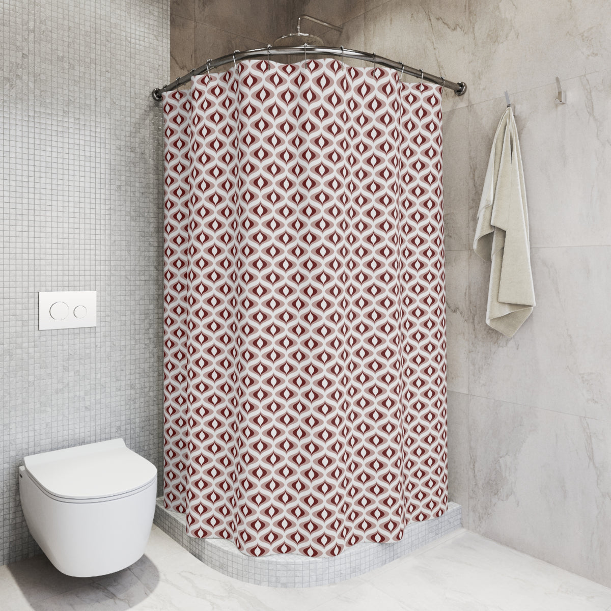 a bathroom with a white toilet, a shower with a red and white patterned shower curtain, and a towel hanging on a rack.