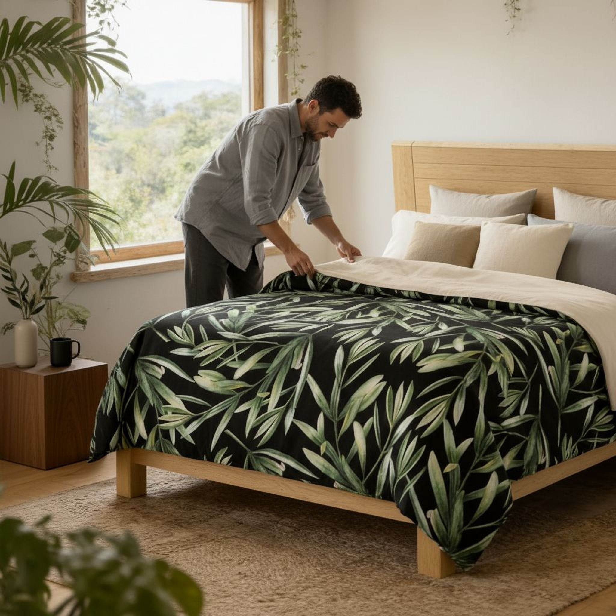 A man is arranging a bed with a black and green leafy bedspread in a bedroom with a large window overlooking a natural landscape.