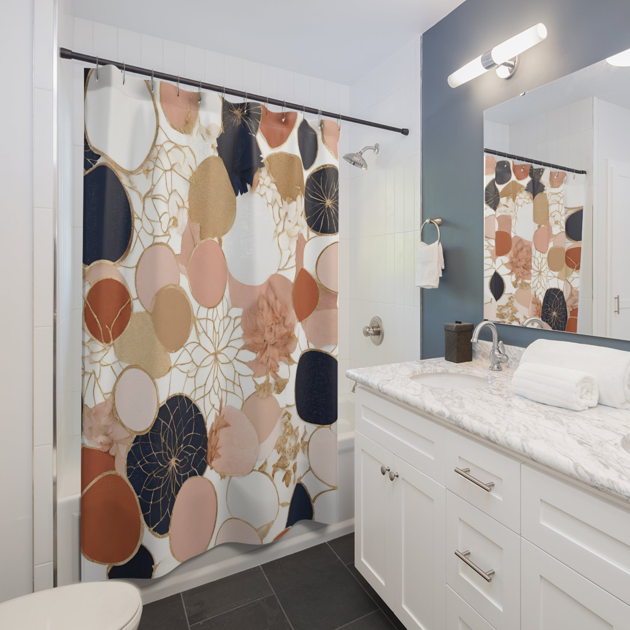 Abstract Boho Shower Curtain | Navy Blue, White, Blush Pink