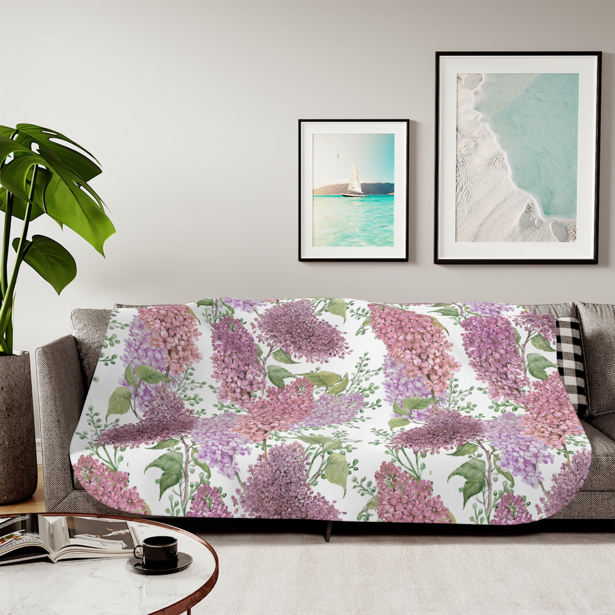 Pink Lavender Watercolor Lilac Sherpa Blanket | Spring Floral Throw
