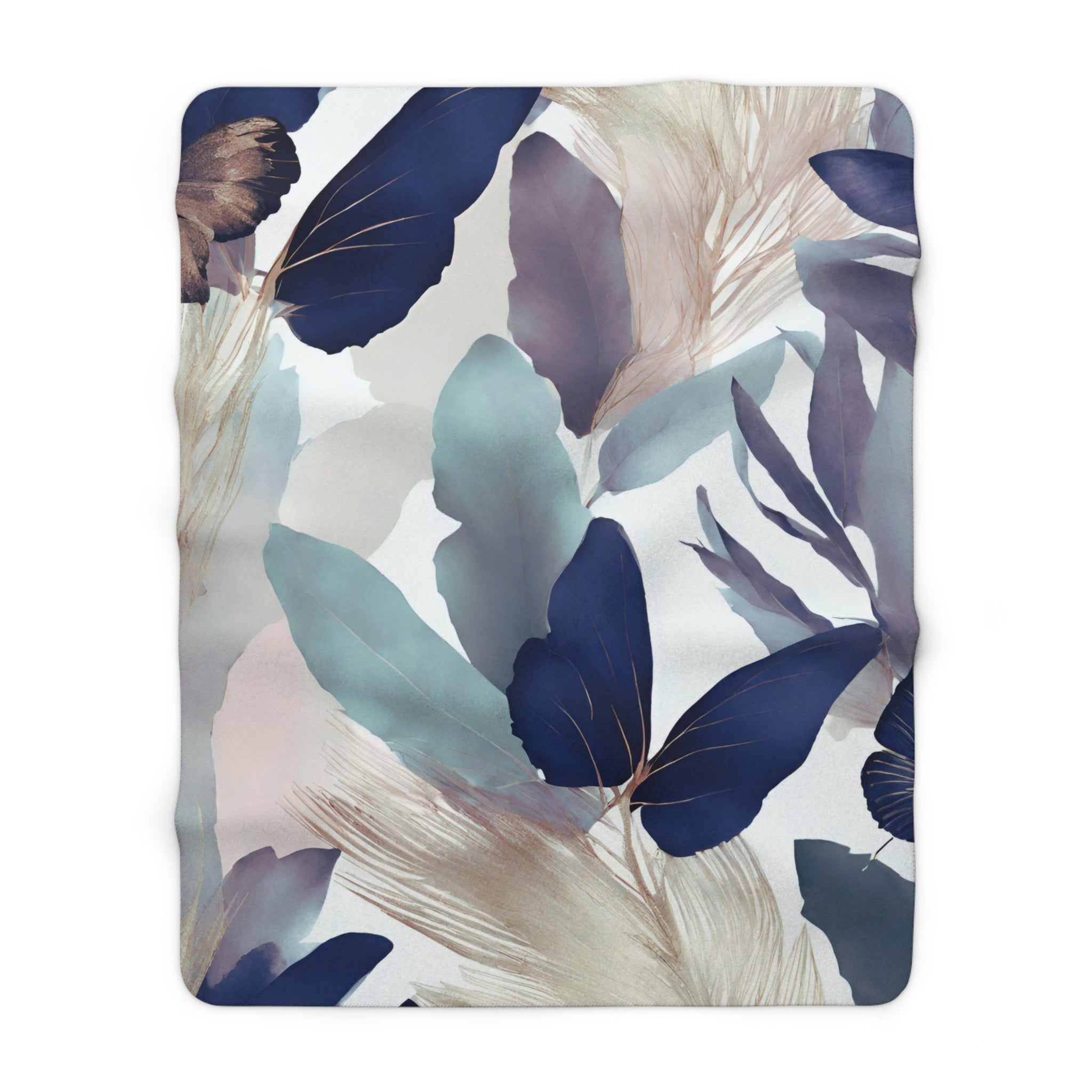 Floral Throw Blanket | Beige, Blue Abstract Leaves