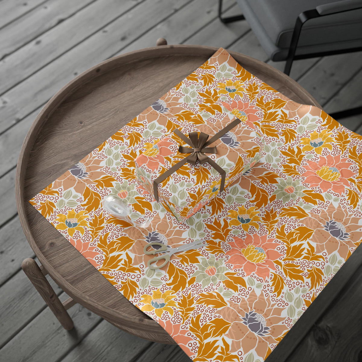 Mustard Peach Retro Floral Wrapping Paper, Fall Gift Wrap