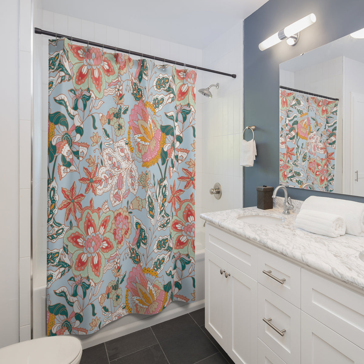 Coral Teal Jacobean Floral Shower Curtain, Bath Curtain 71x74