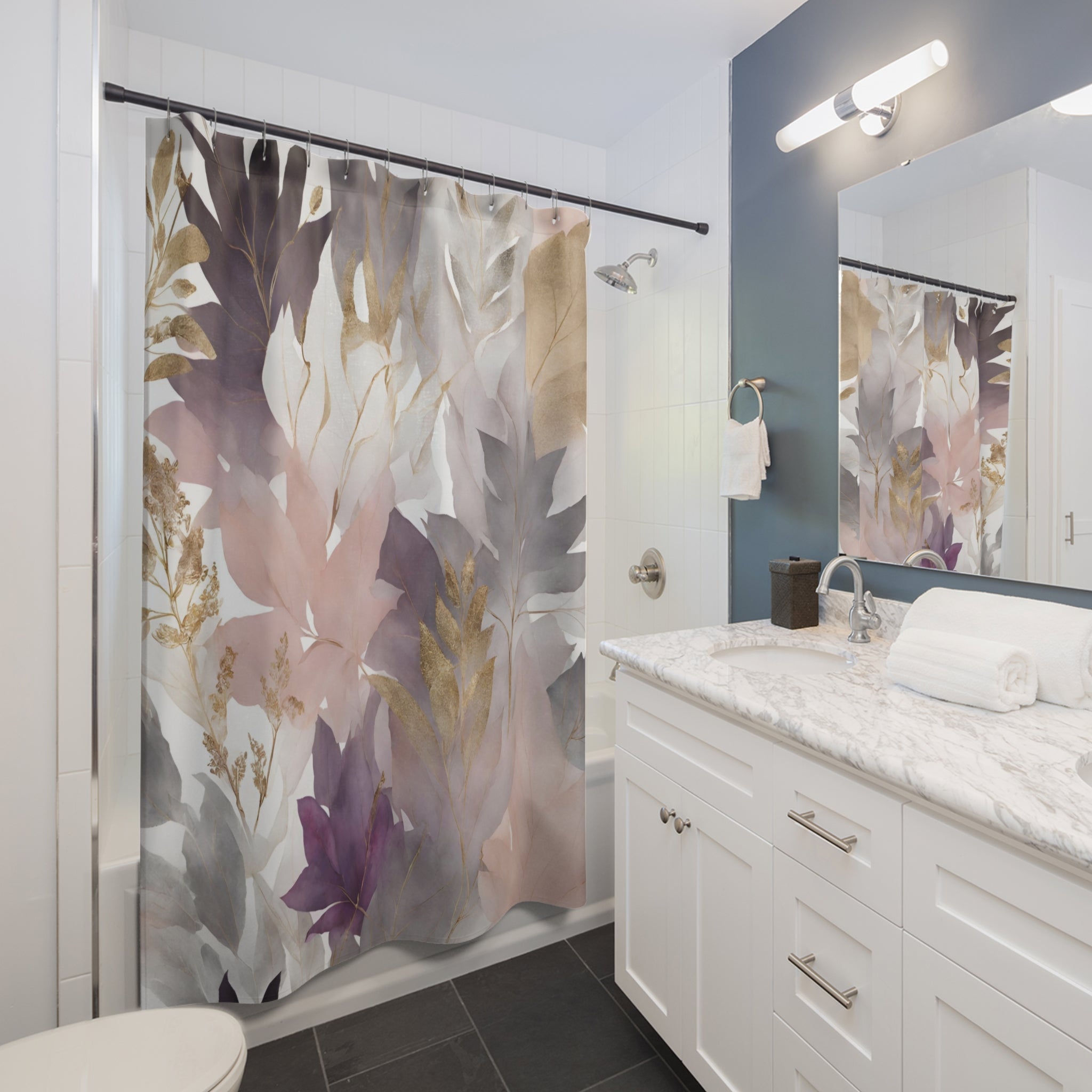 Boho Floral Shower Curtain | Blush Pink Grey, Beige Purple Leaves