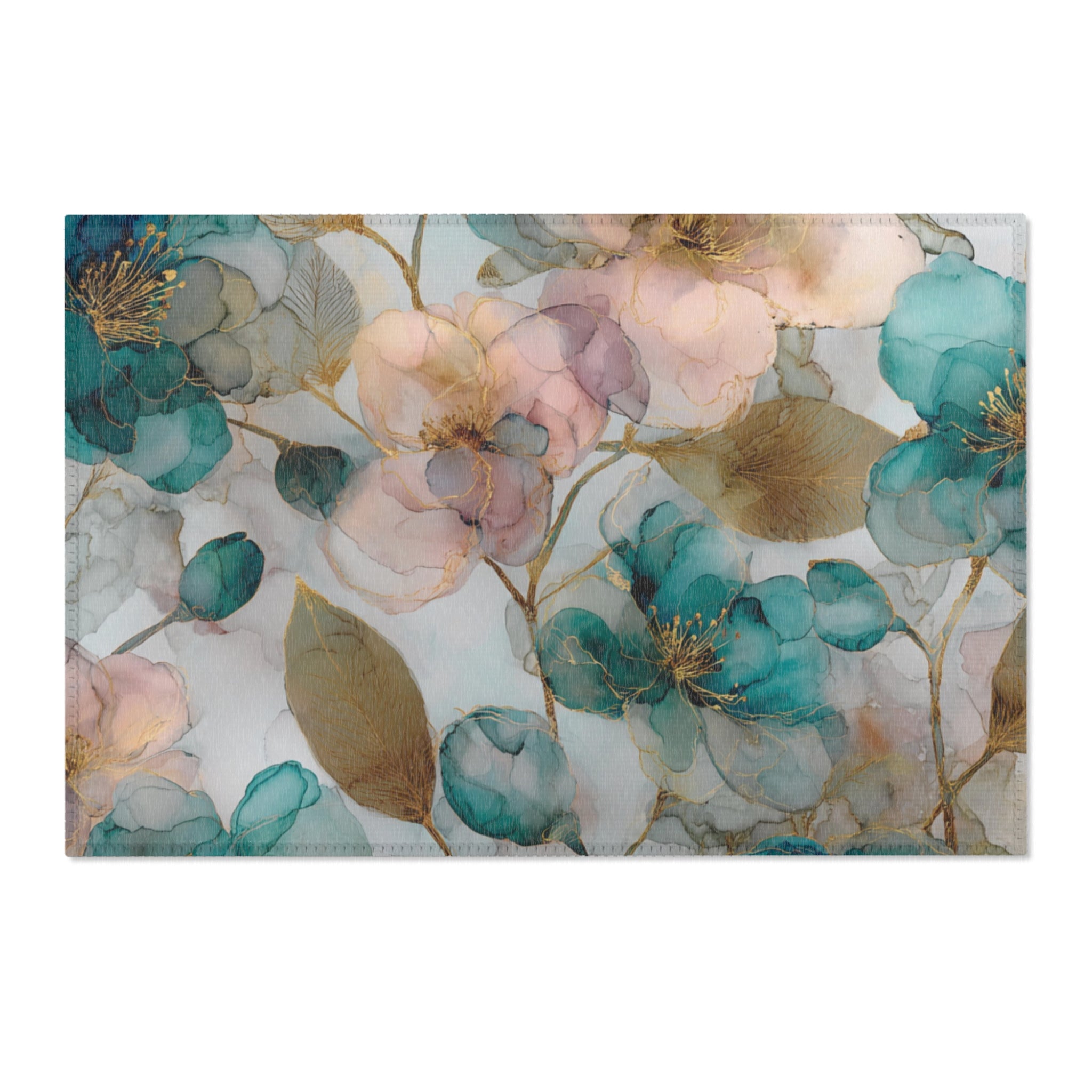 Abstract Area Rug | Floral Teal Blush Beige Watercolor Artsy Rug