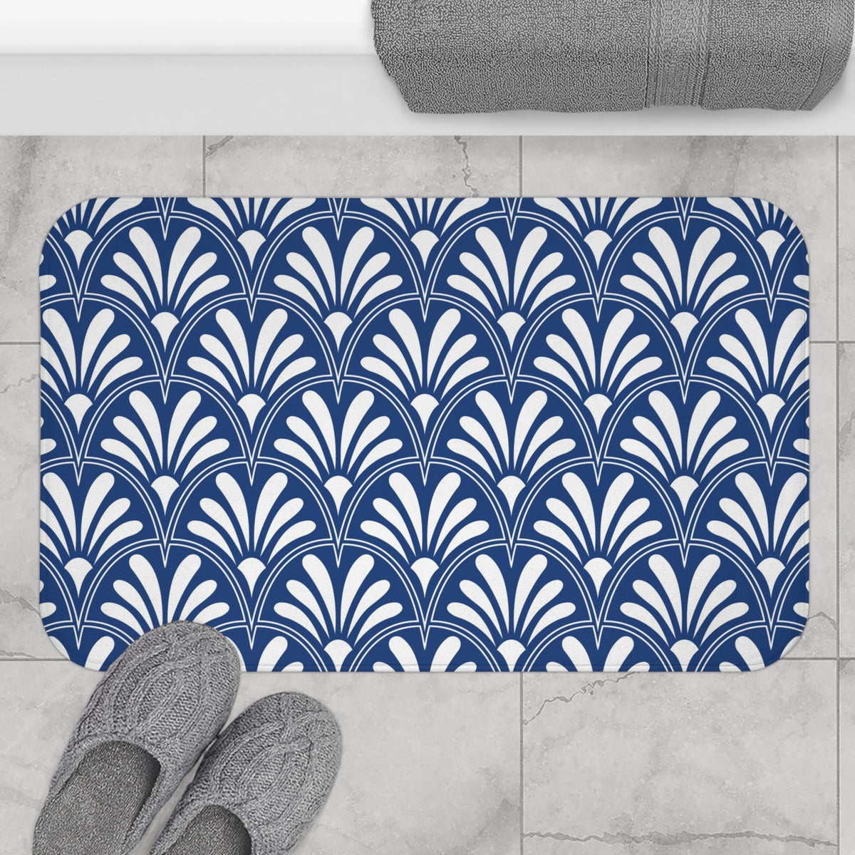Cobalt Blue Deco Fan Bath Mat, Art Nouveau Bathroom Rug