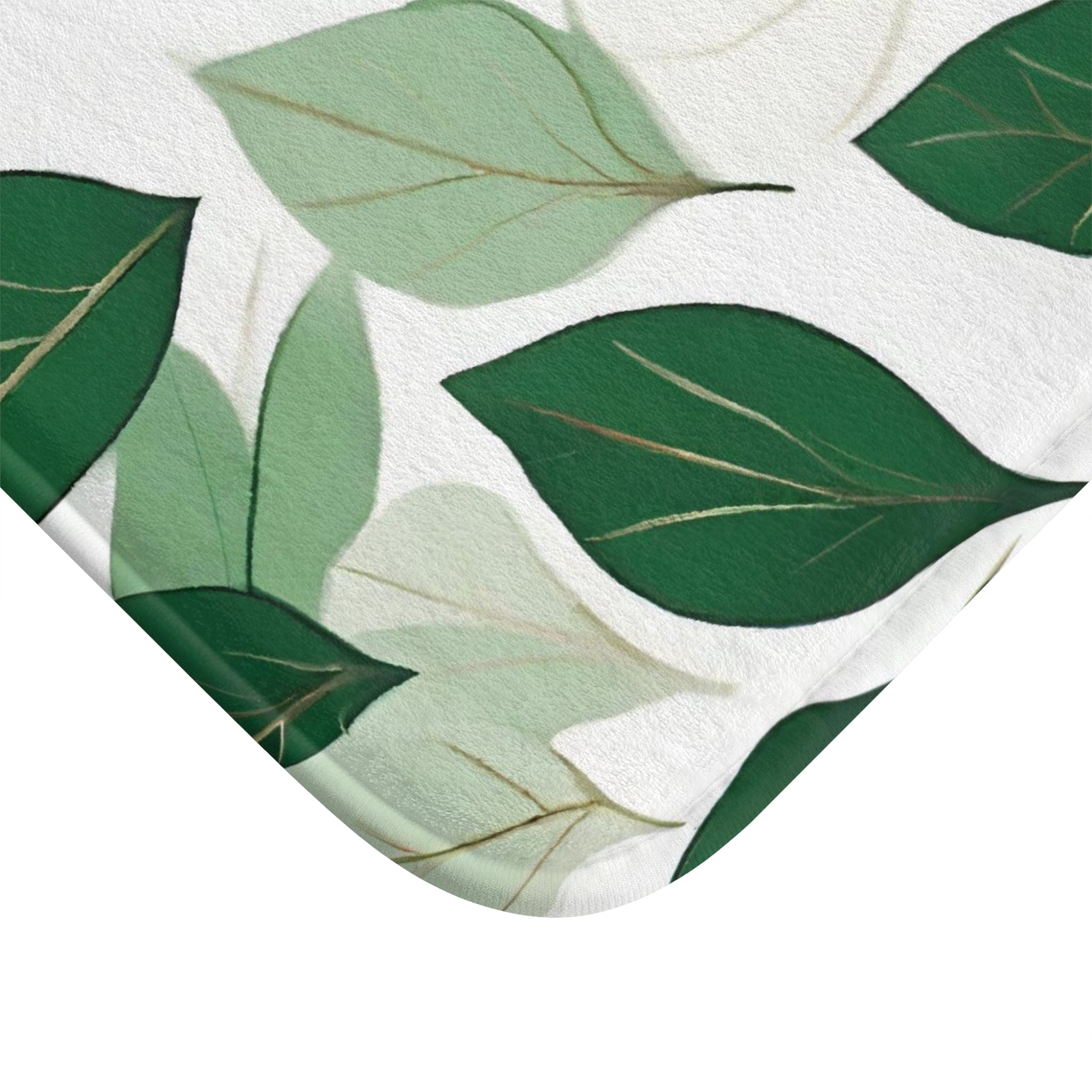 Floral Bath Mat | White, Emerald Sage Green leaves