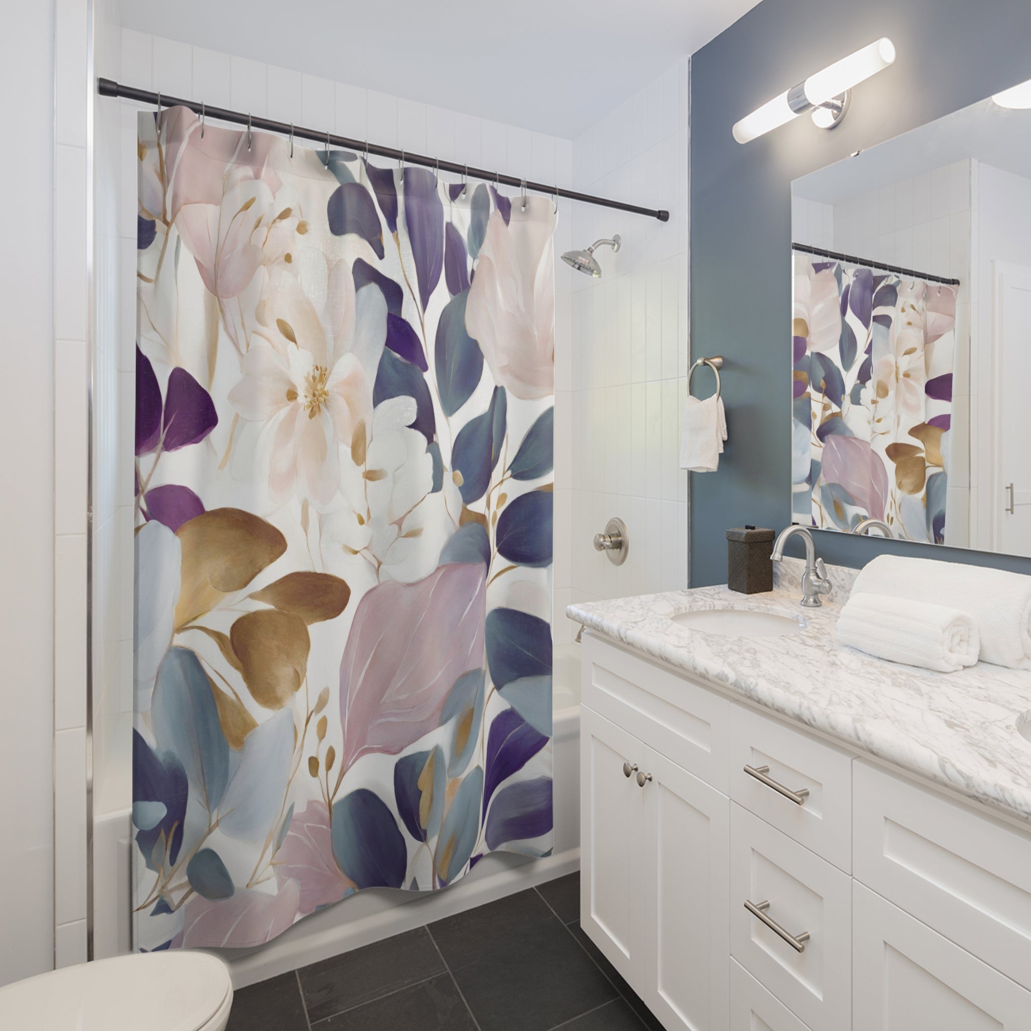 Boho Shower Curtain | Abstract Floral, Teal Navy blue Leaves