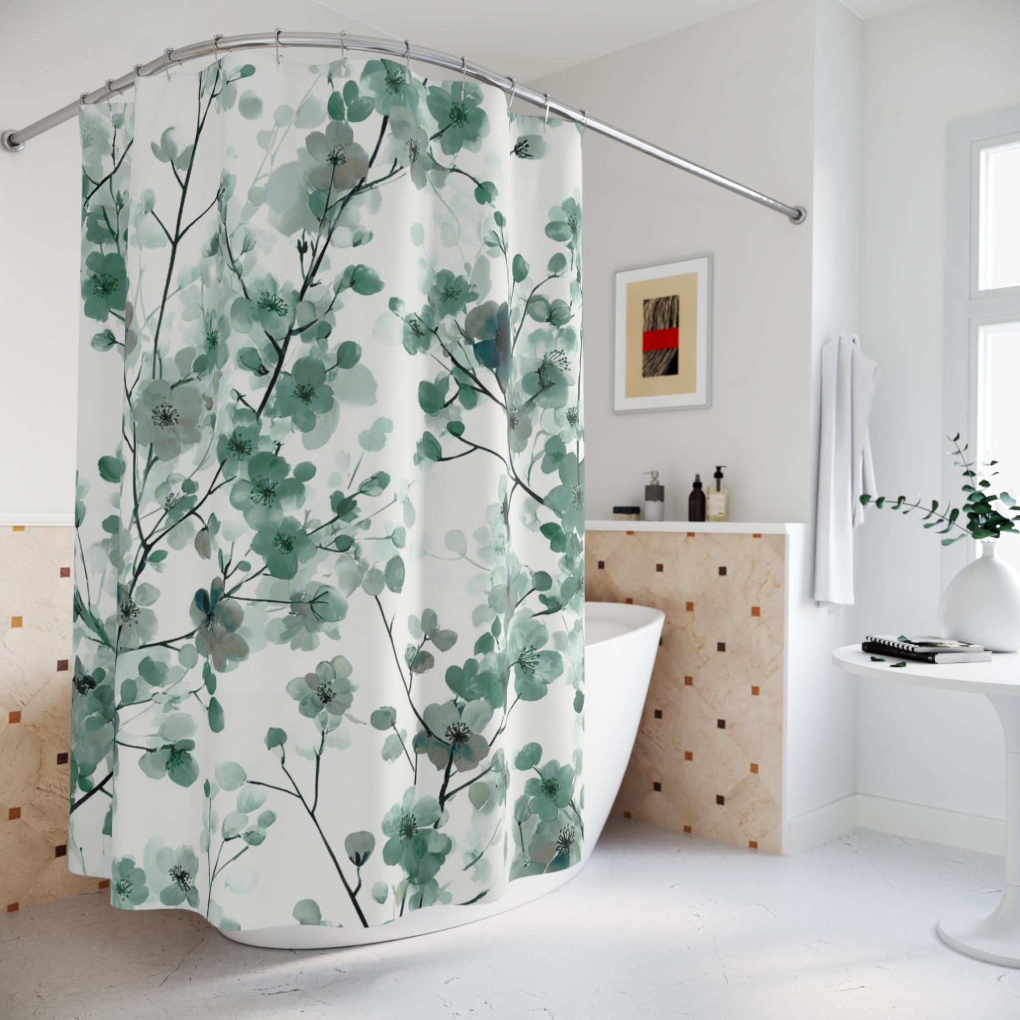 Abstract Shower Curtain | Floral Sage Green White Leaves