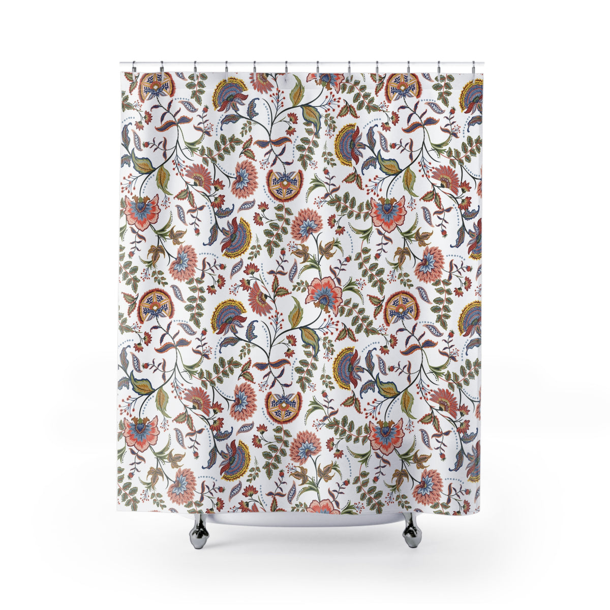 a shower curtain with a floral pattern in shades of white, green, and orange.