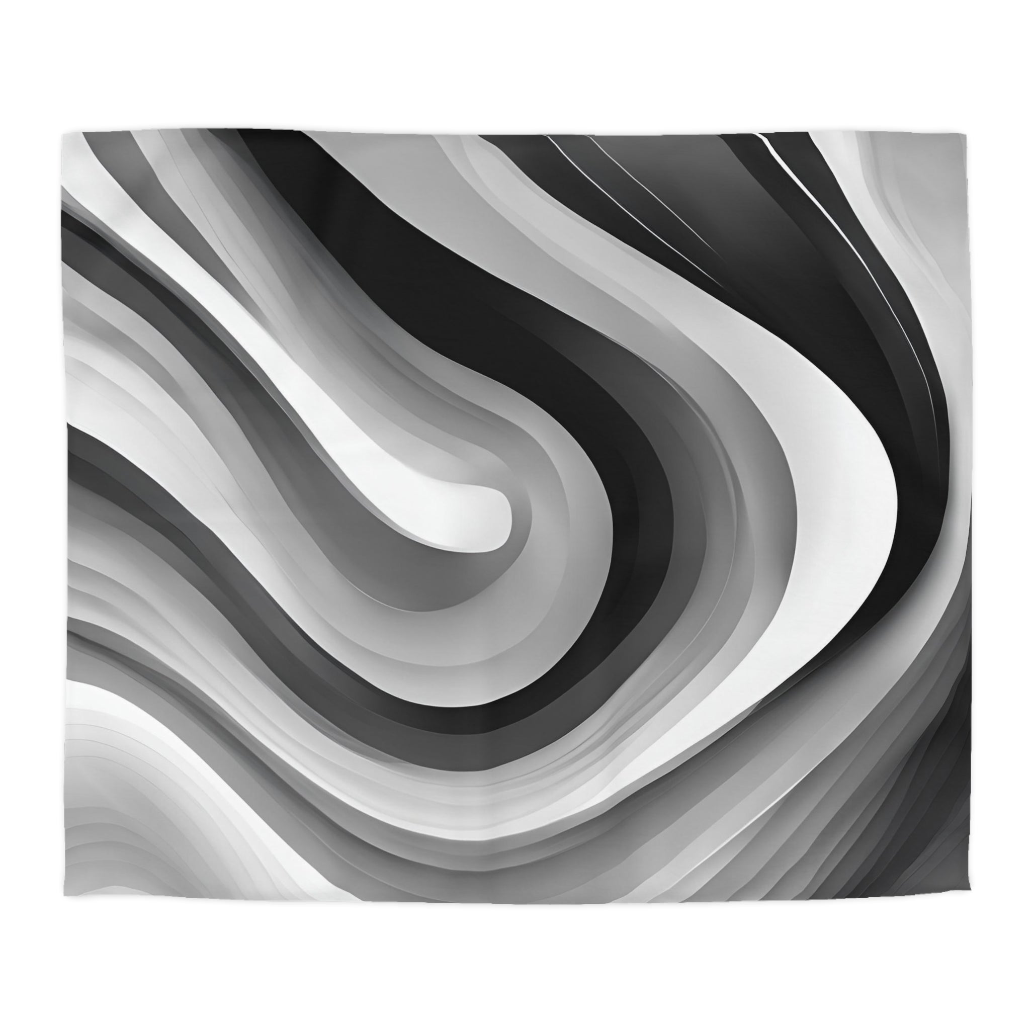 The image is a striking abstract composition of black and white curved lines, creating a sense of movement and dynamism.