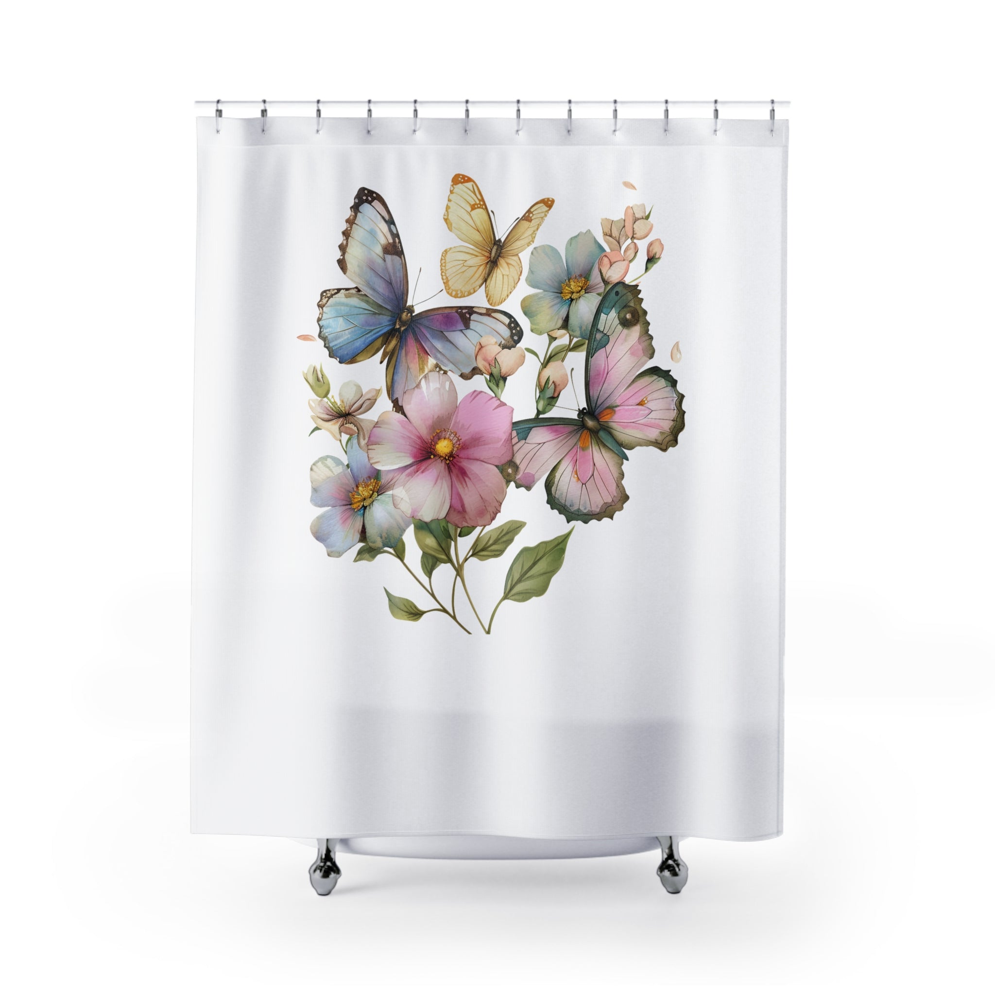 Butterflies Shower Curtain | Colorful Floral, White Shower curtain