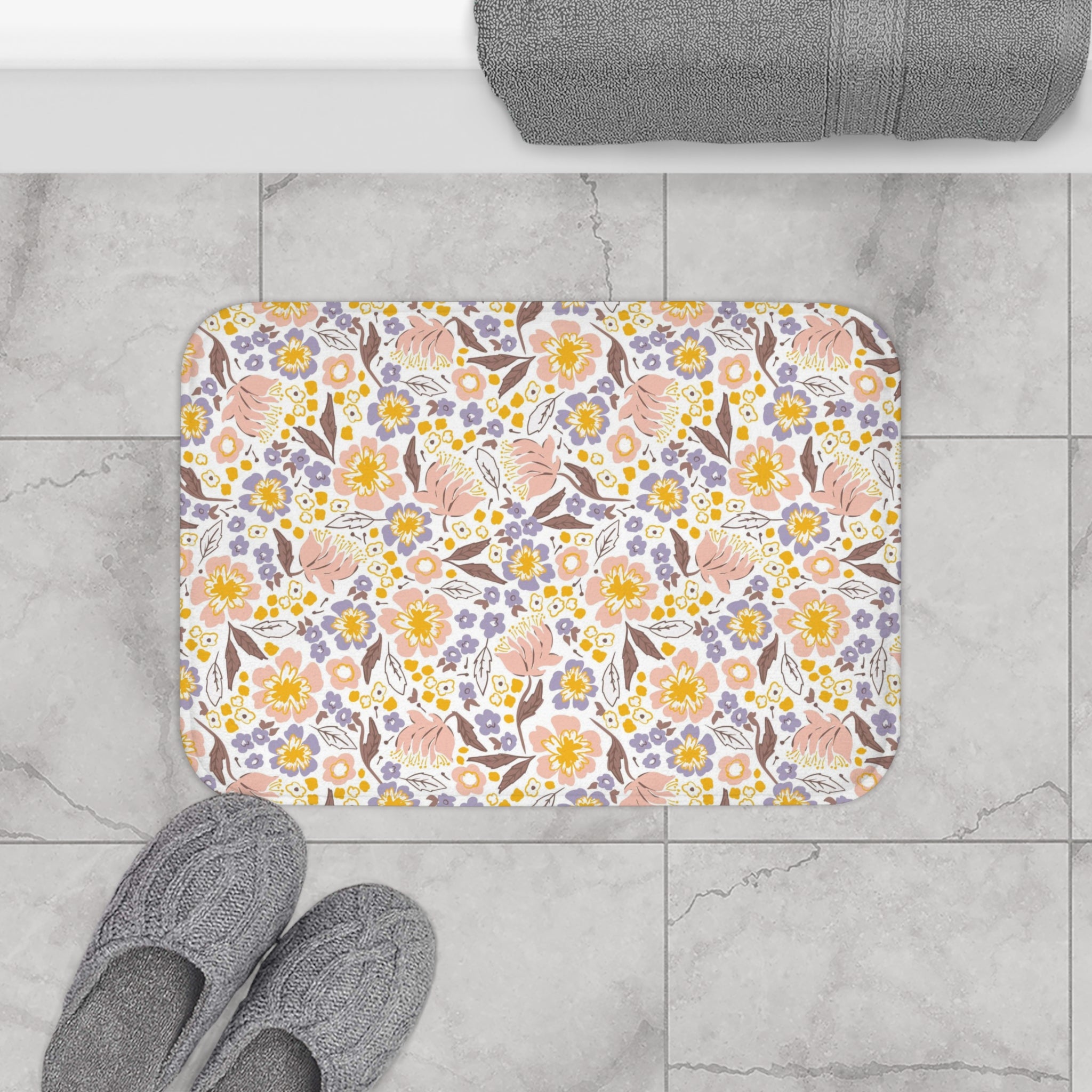 Floral Boho Bath, Kitchen Mat, Rug | White Blush Pink Lavender Yellow