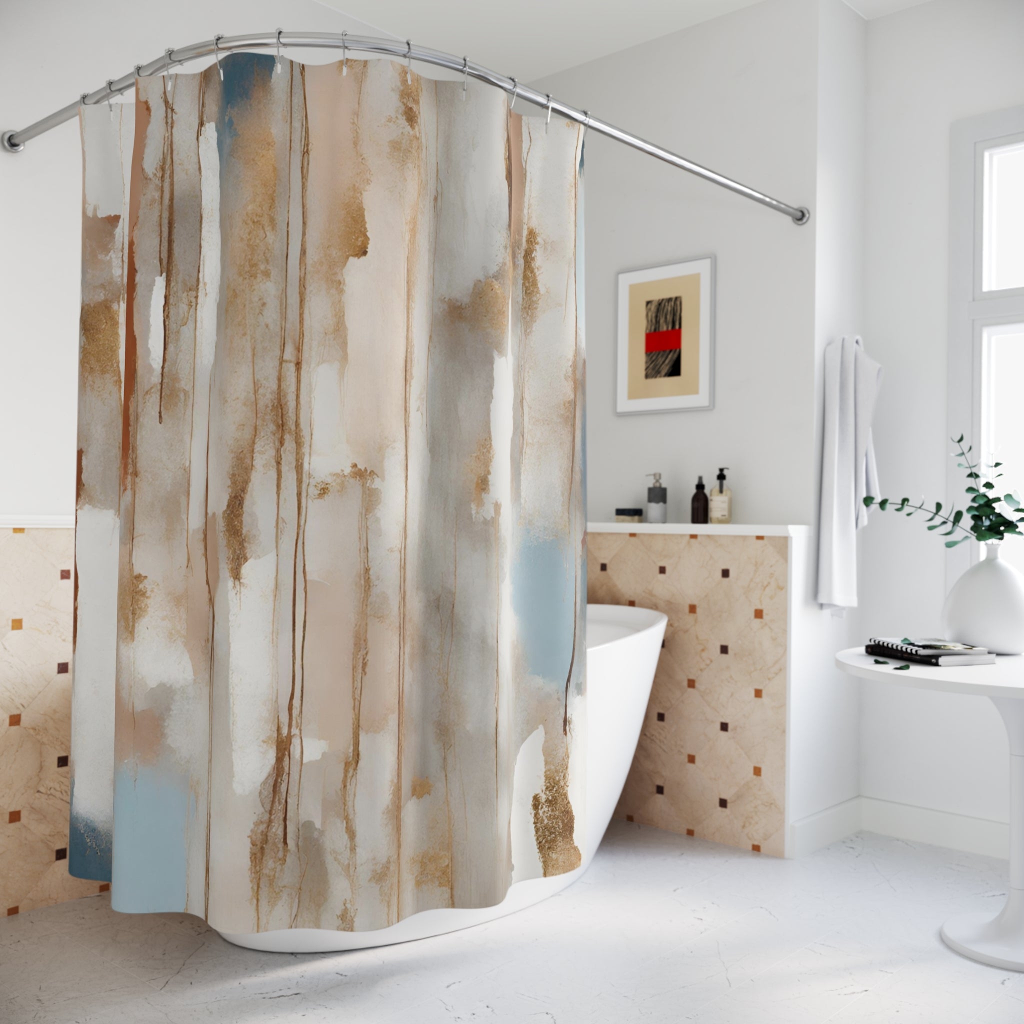 Boho Shower Curtain | White Blush Blue, Beige Rust Grey Watercolor