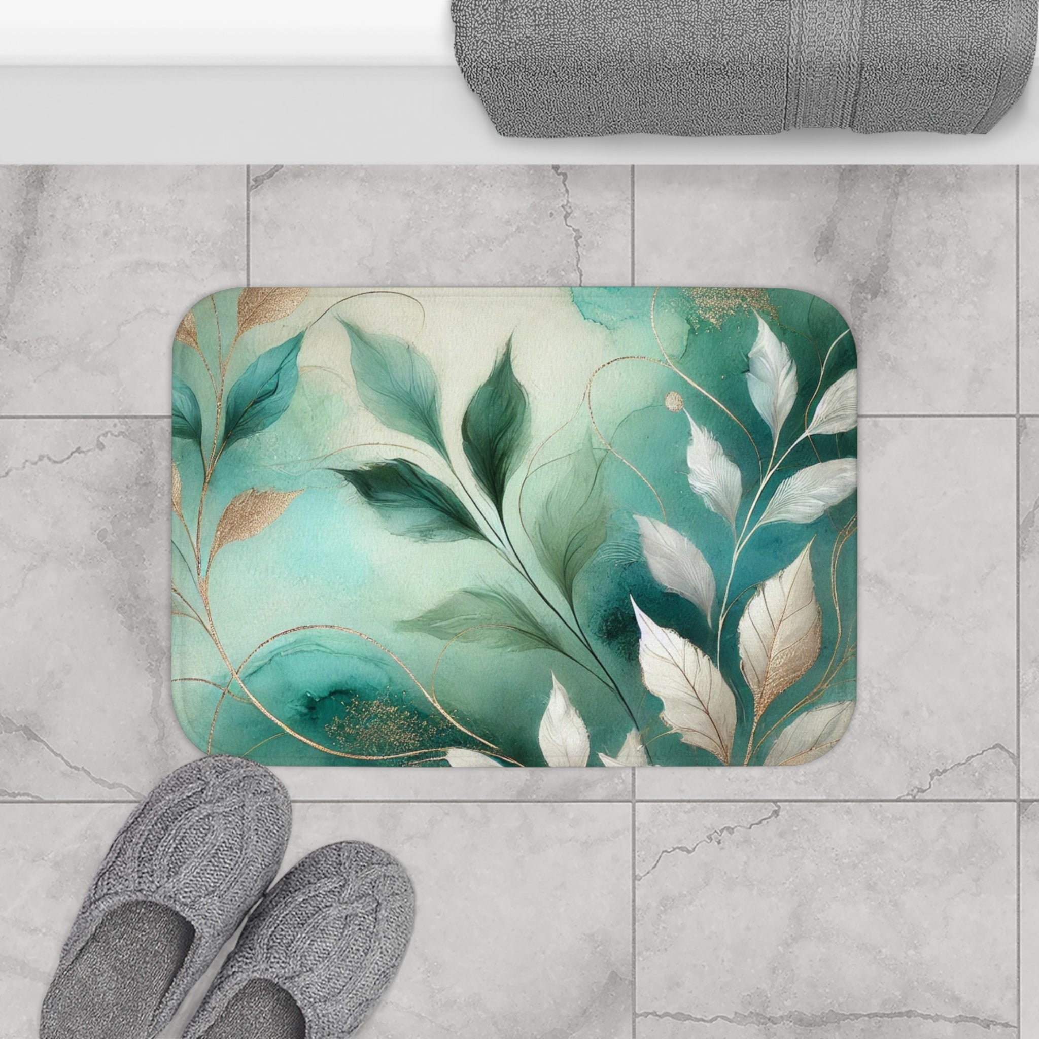 Floral Bath Mat | Sage Teal Green White Leaves Kitchen Mat