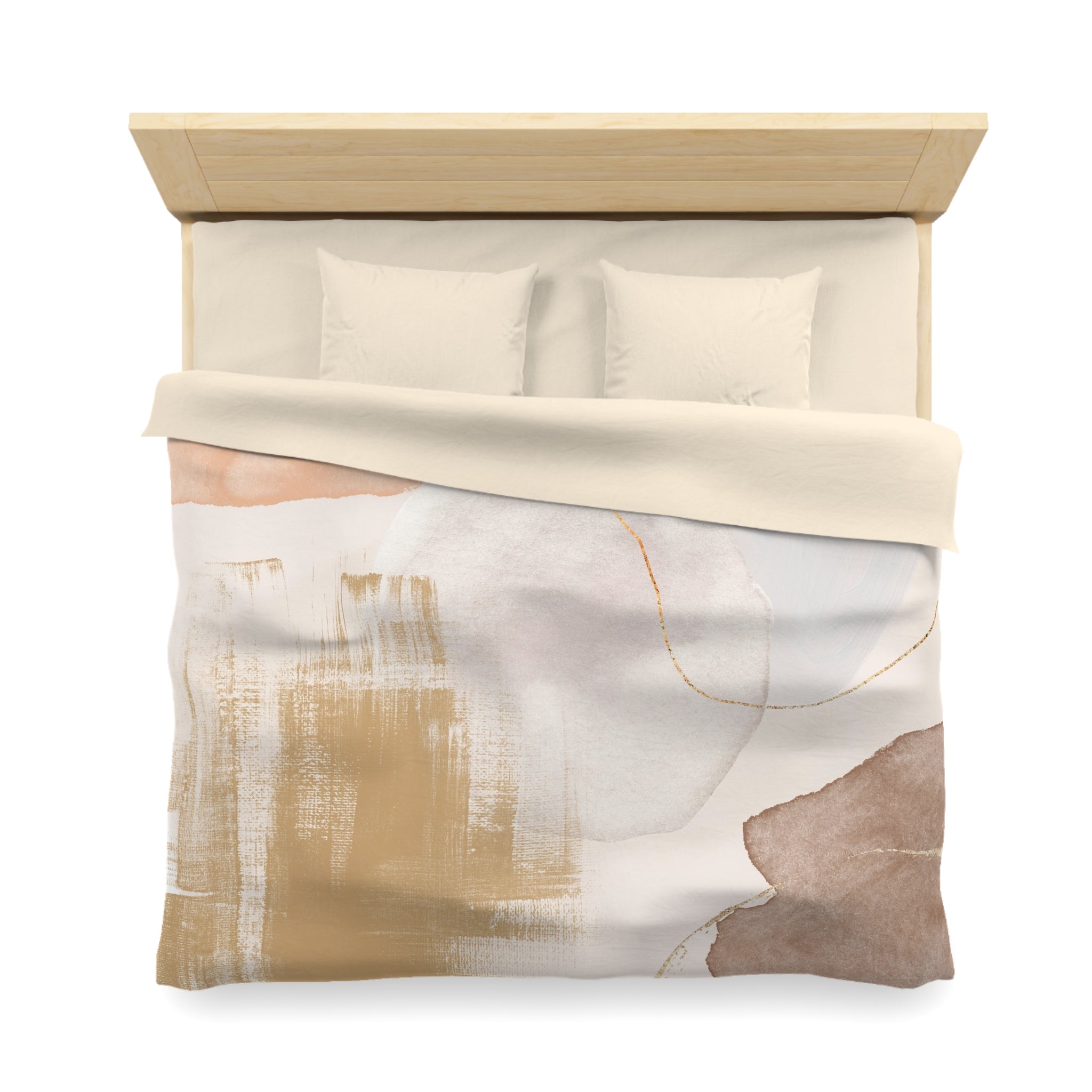 a neatly made bed with a beige and white color scheme, featuring a patterned comforter and pillows.