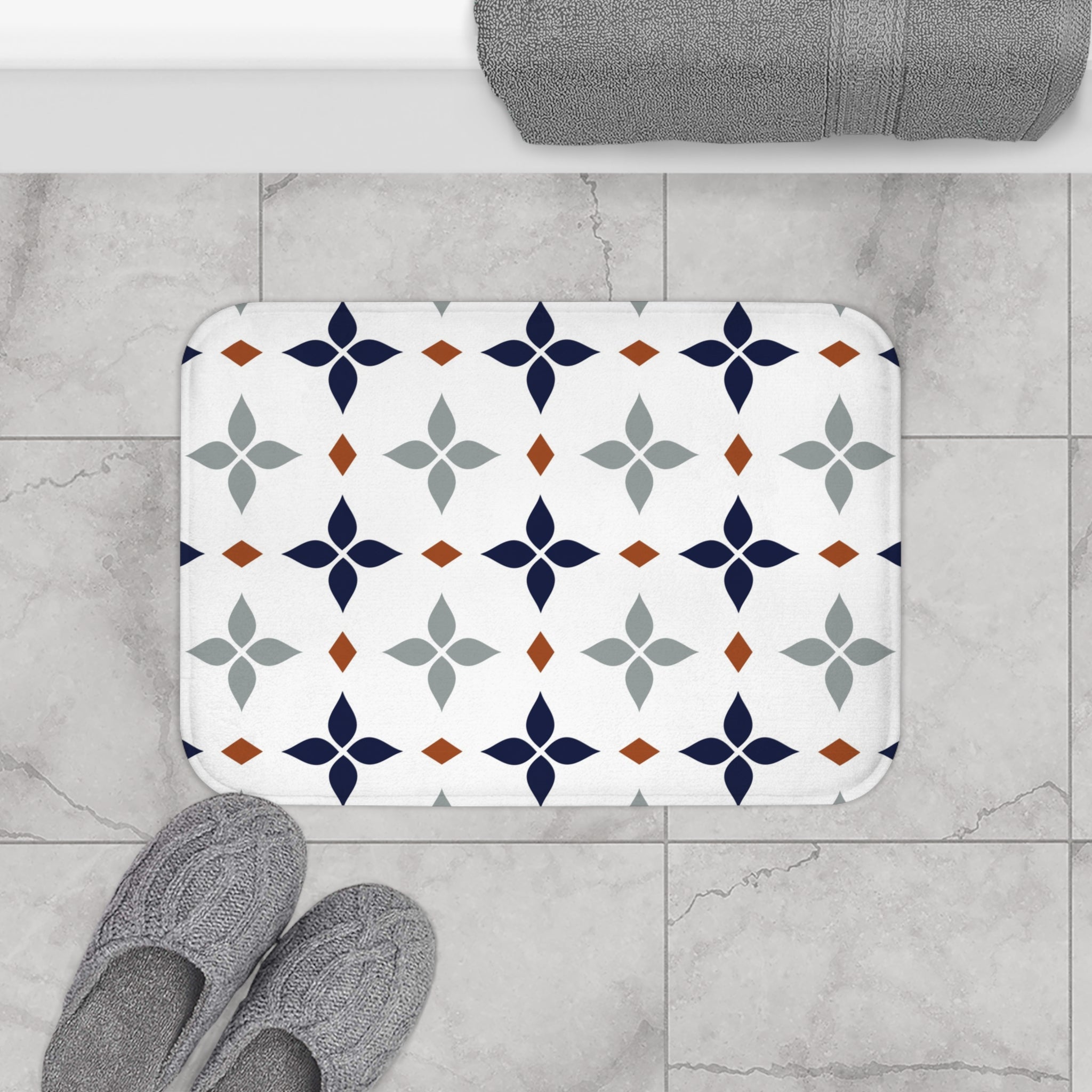 Retro Bath, Kitchen Mat | Vintage Art Deco, Nouveau White, Navy Blue, Grey