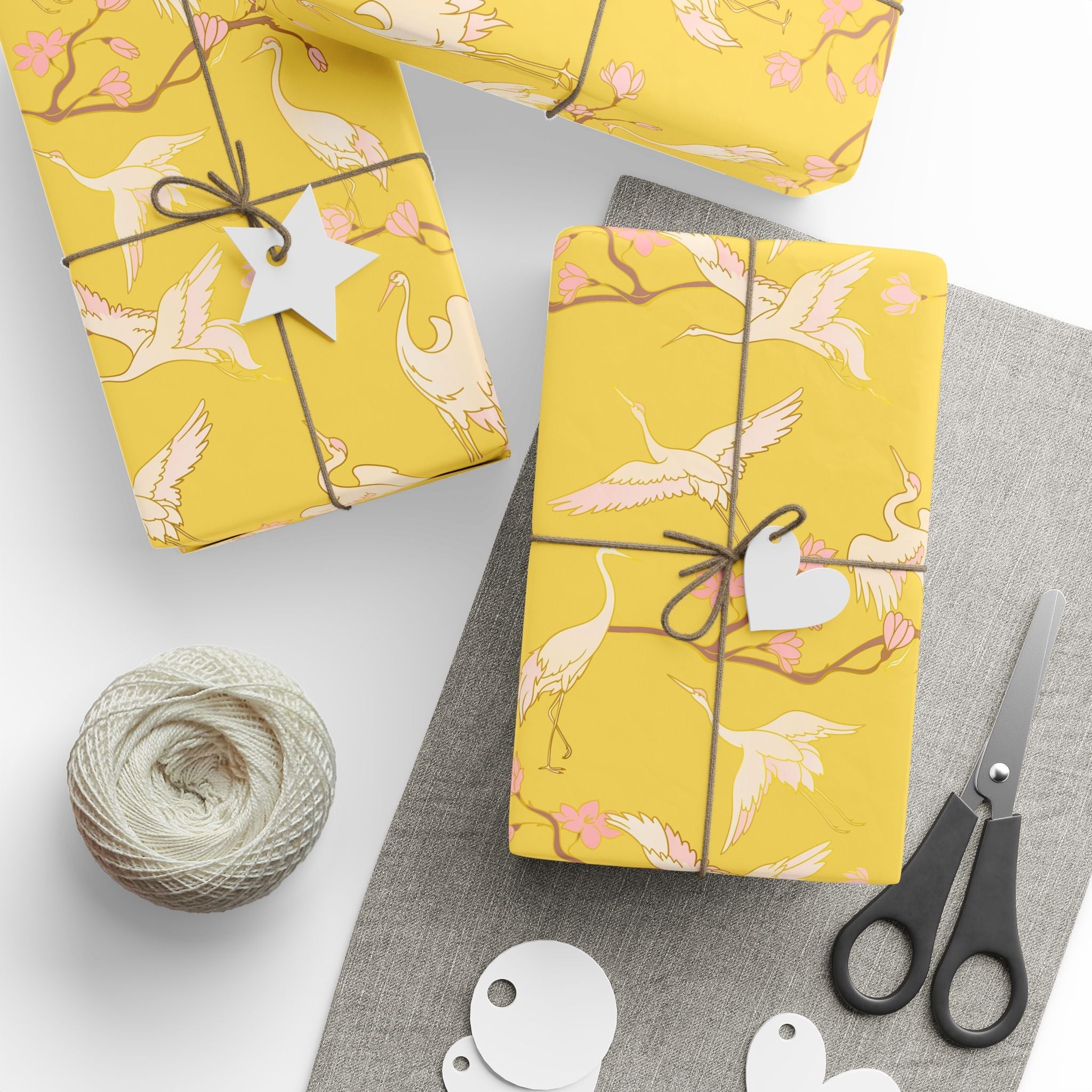 Japanese Yellow Wrapping Paper | Blush Pink Crane Stork Birds