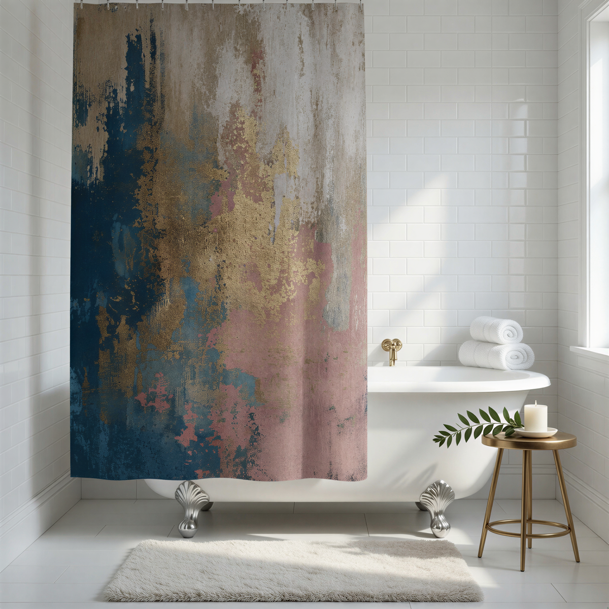 a bathroom with a white bathtub, a rug, and a colorful abstract shower curtain hanging above it.