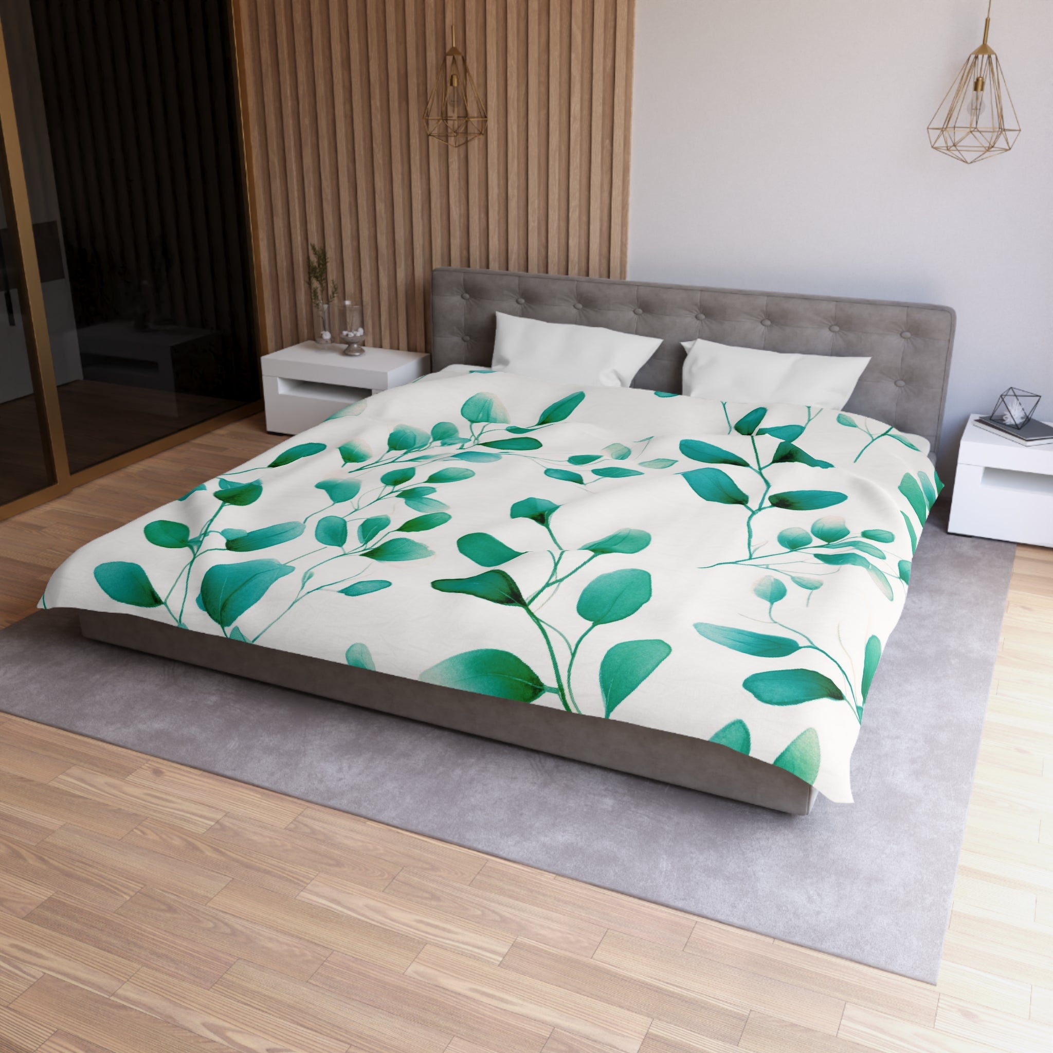 Floral Duvet Cover | Teal Green, White, Eucalyptus Leaves Bedding Boho Decor | Bedroom Decor