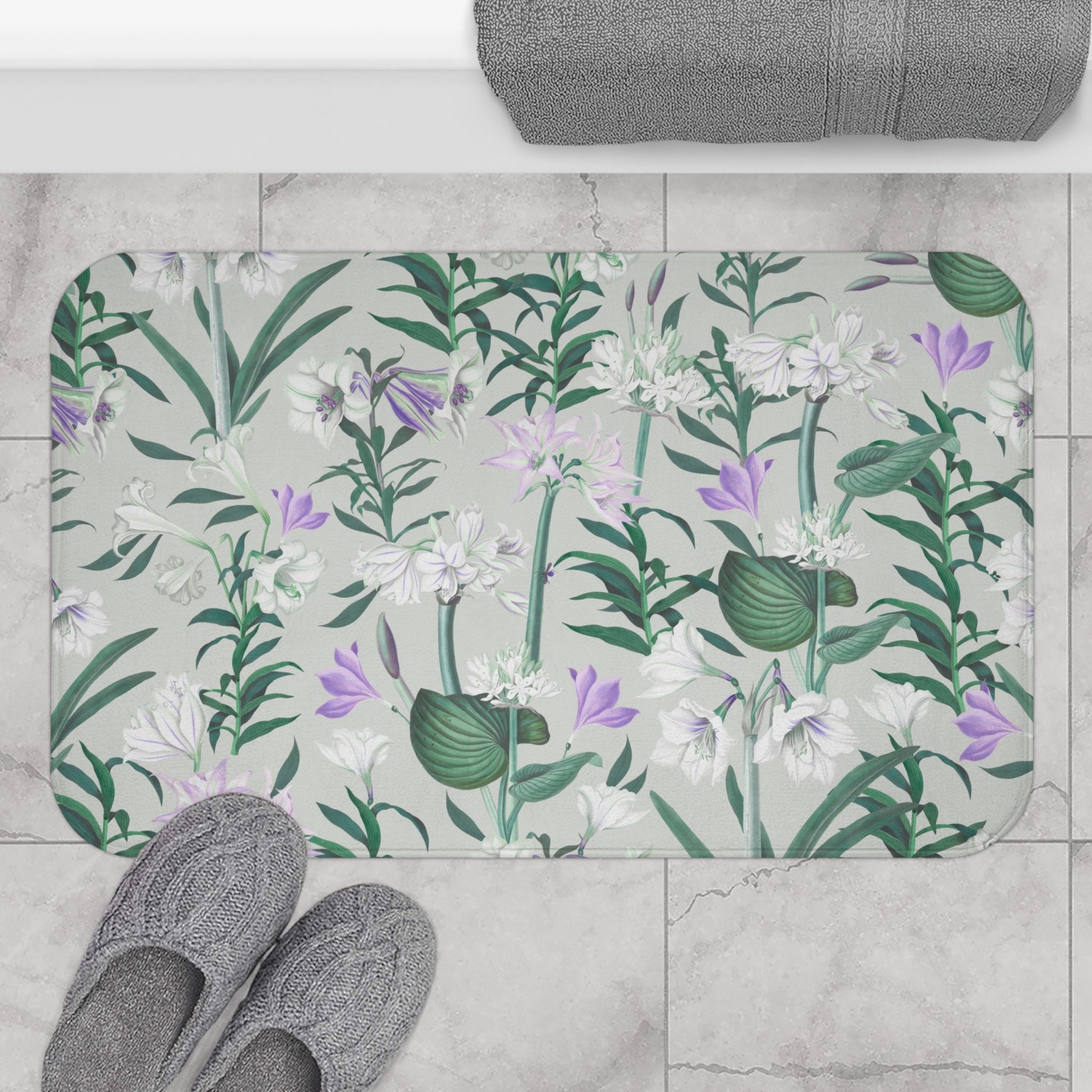 Boho Floral Bath Mat | Sage Green White Lilac Purple Kitchen Mat