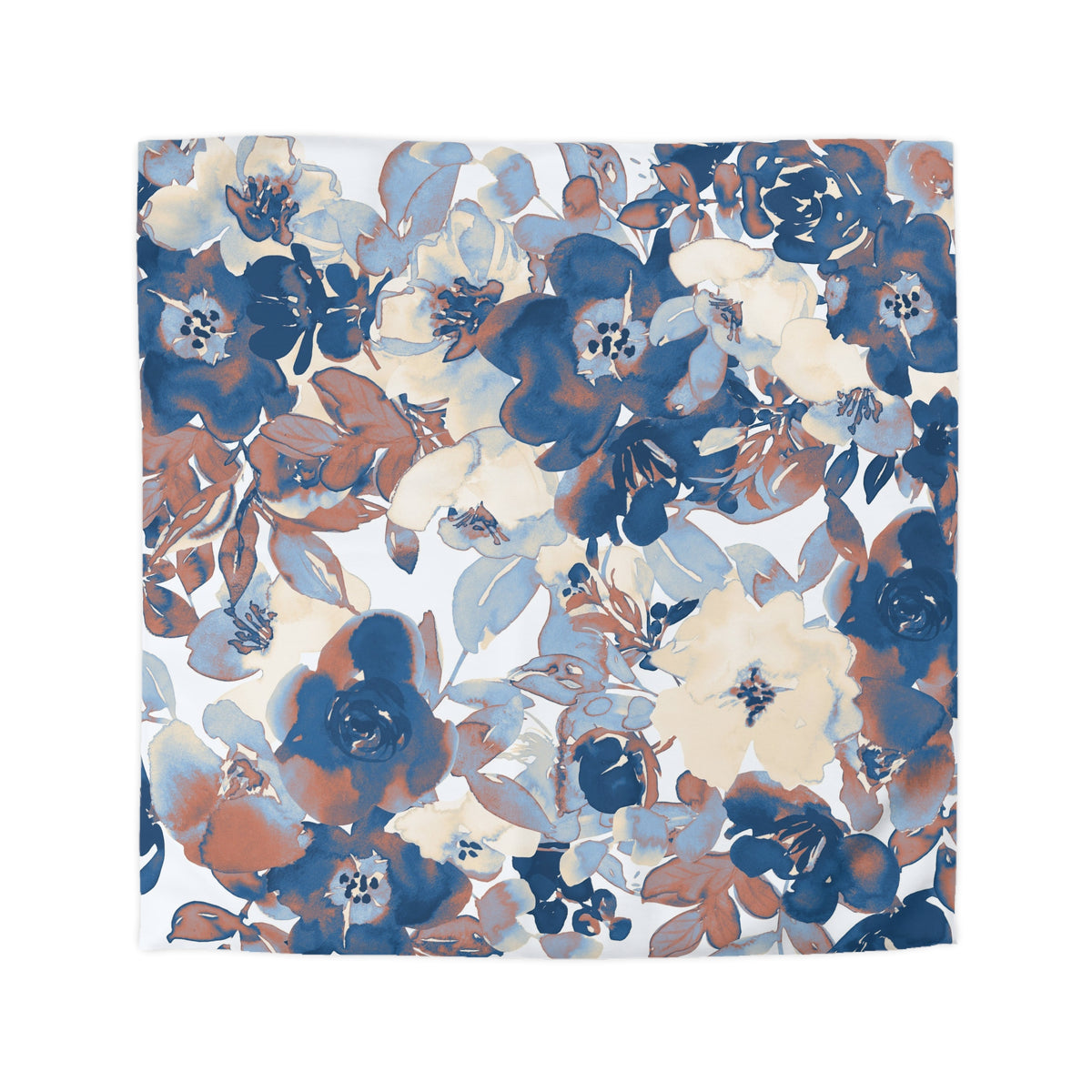 a square-shaped floral print with a variety of blue, white, and brown flowers and leaves. The flowers appear to be in different stages of bloom, creating a dynamic and visually interesting composition.