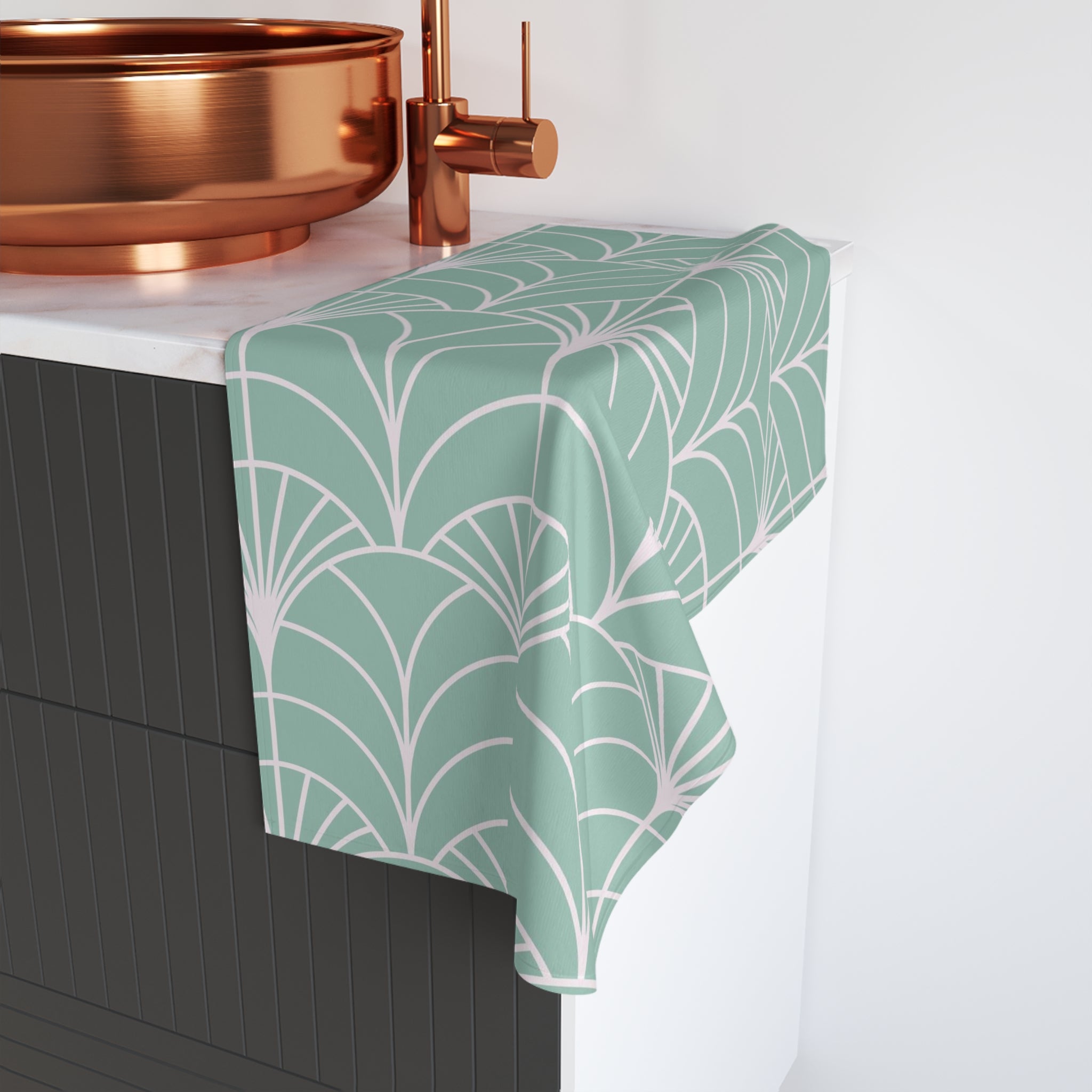 Boho Kitchen, Bath Hand Towel | Art Deco Mint Green White