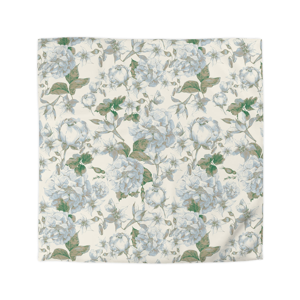 a square-shaped floral pattern with white flowers and green leaves. The pattern is repeated multiple times, creating a visually cohesive design.