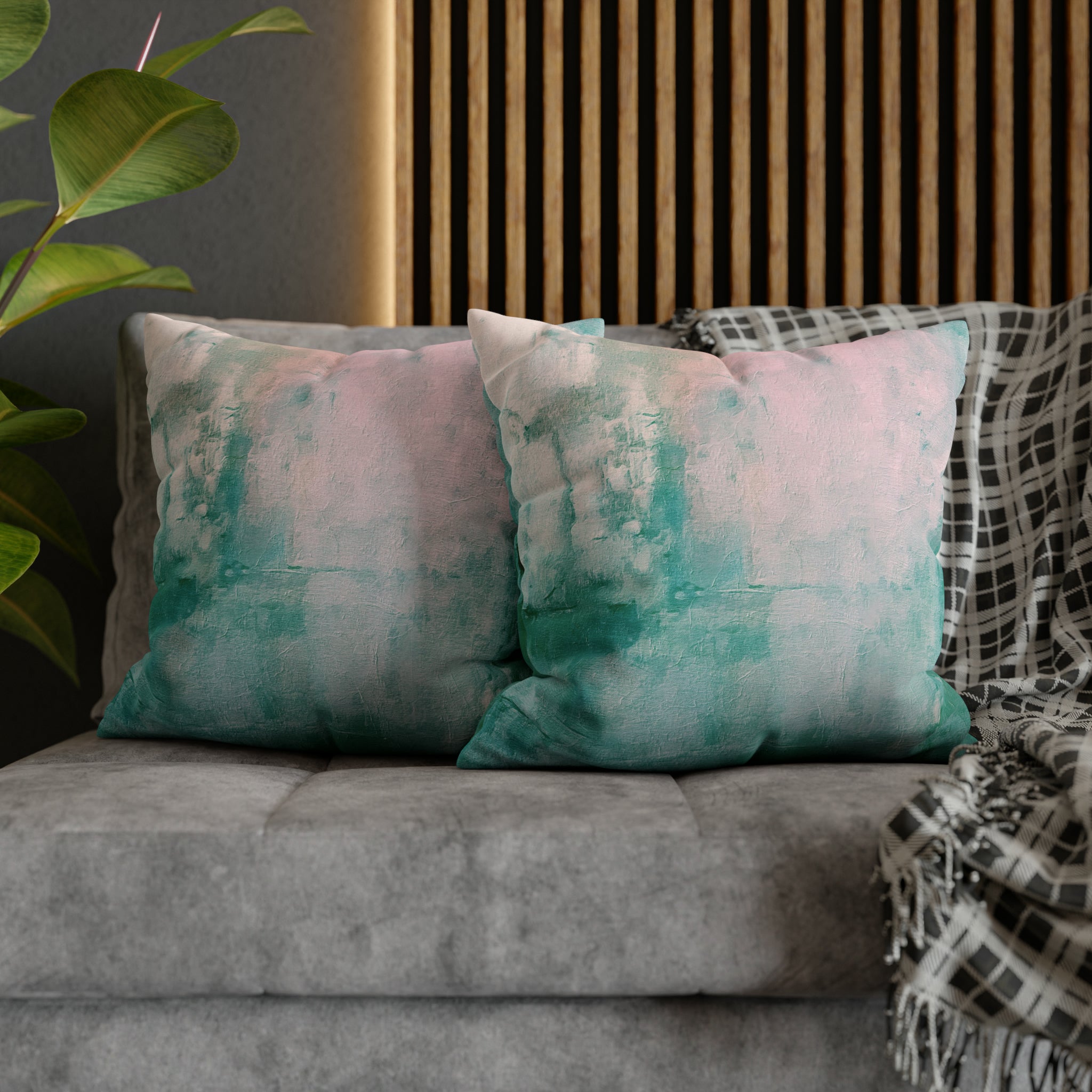 Ombre Pillow Cover | Teal Green, Blush Pink, Rustic Print