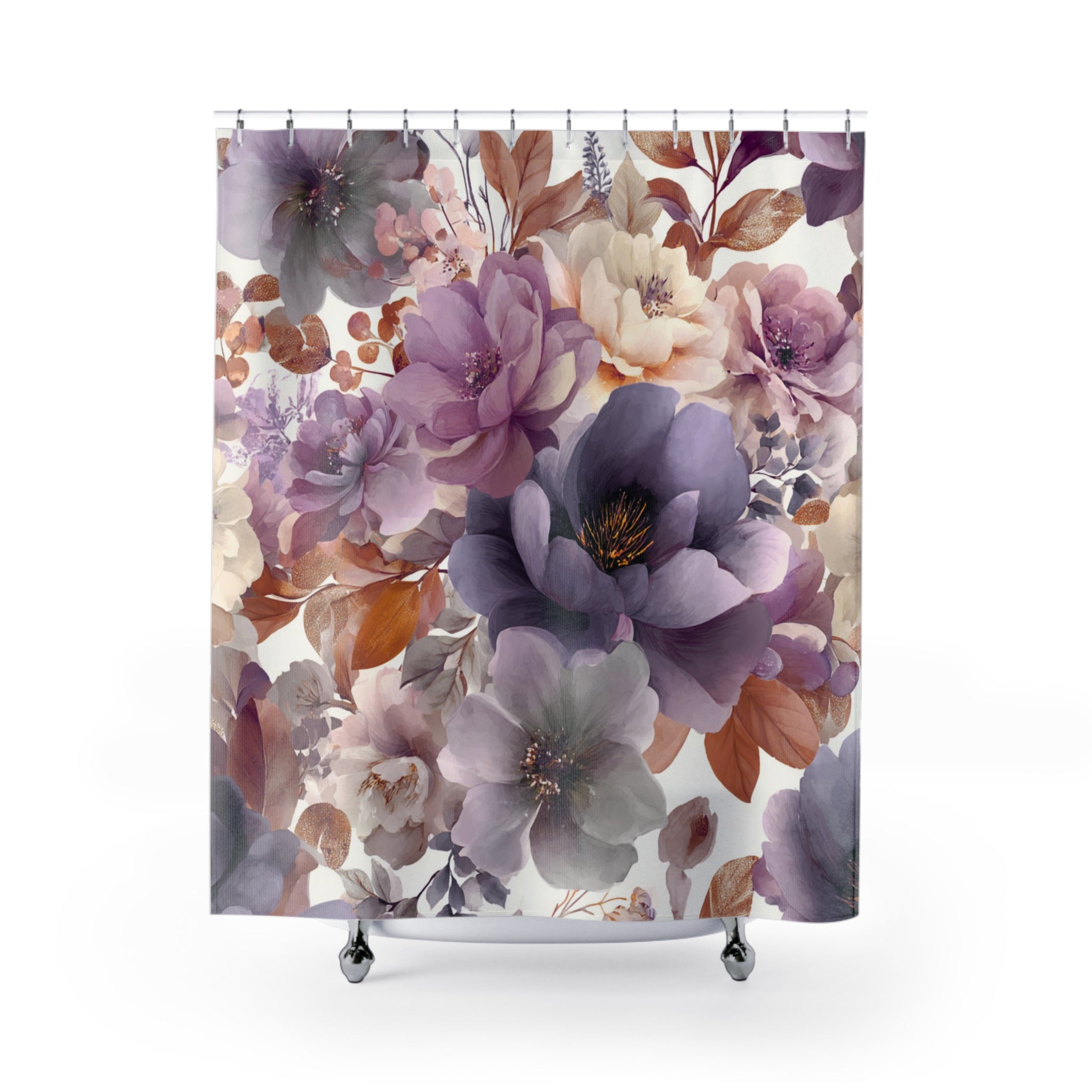 Vintage Leaves Shower Curtain | Purple Earthy Botanical Gray Bathroom Decor