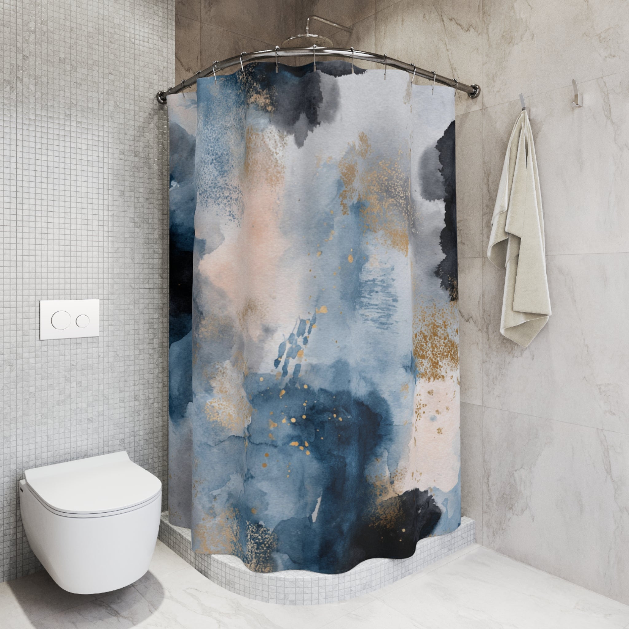 Blue Boho Shower Curtain, Bath Mat | Blush Watercolor Bathroom Set