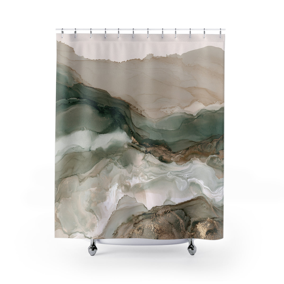 a shower curtain with a marble-like abstract pattern in shades of green, brown, and beige.