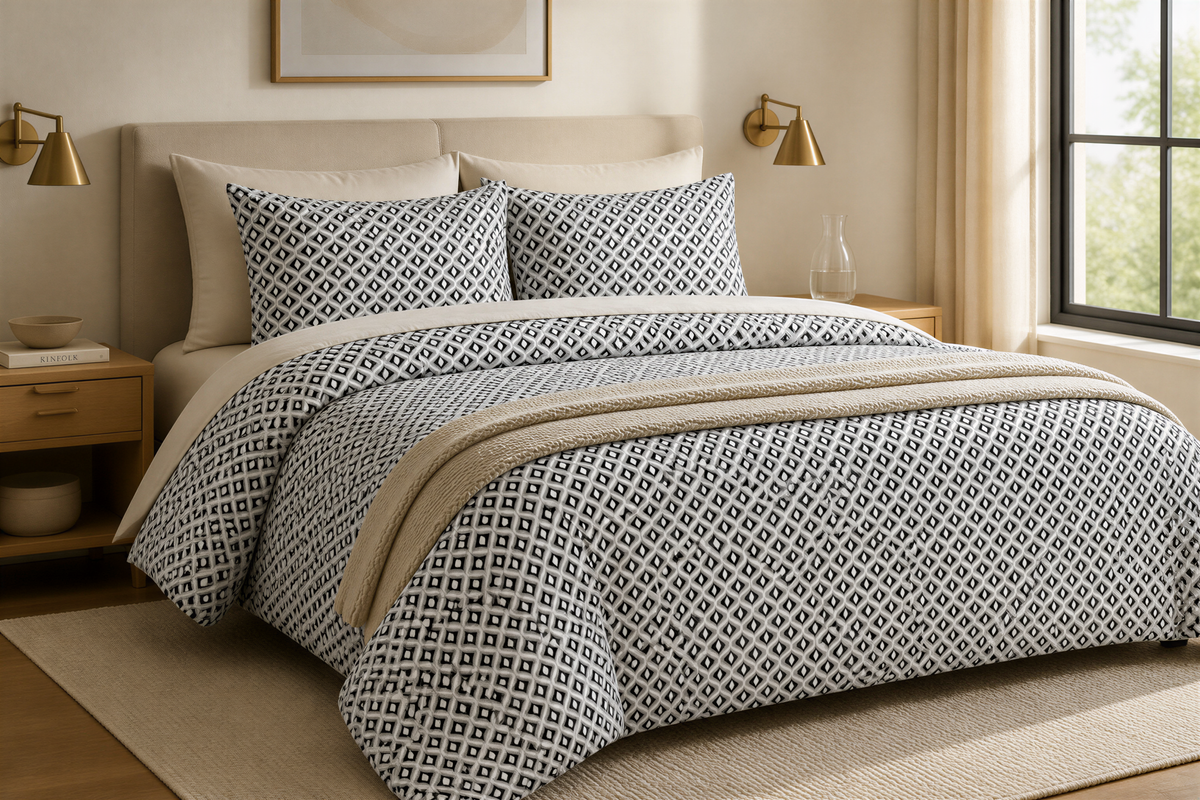 a well-made bed with a patterned comforter and pillows, set against a beige wall and a window.