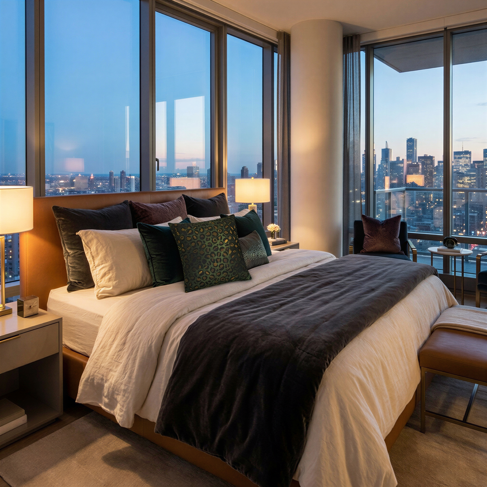 a luxurious bedroom with a large bed, plush pillows, and a cozy gray blanket. The room is illuminated by warm lighting, and the window offers a stunning view of the city skyline at dusk.