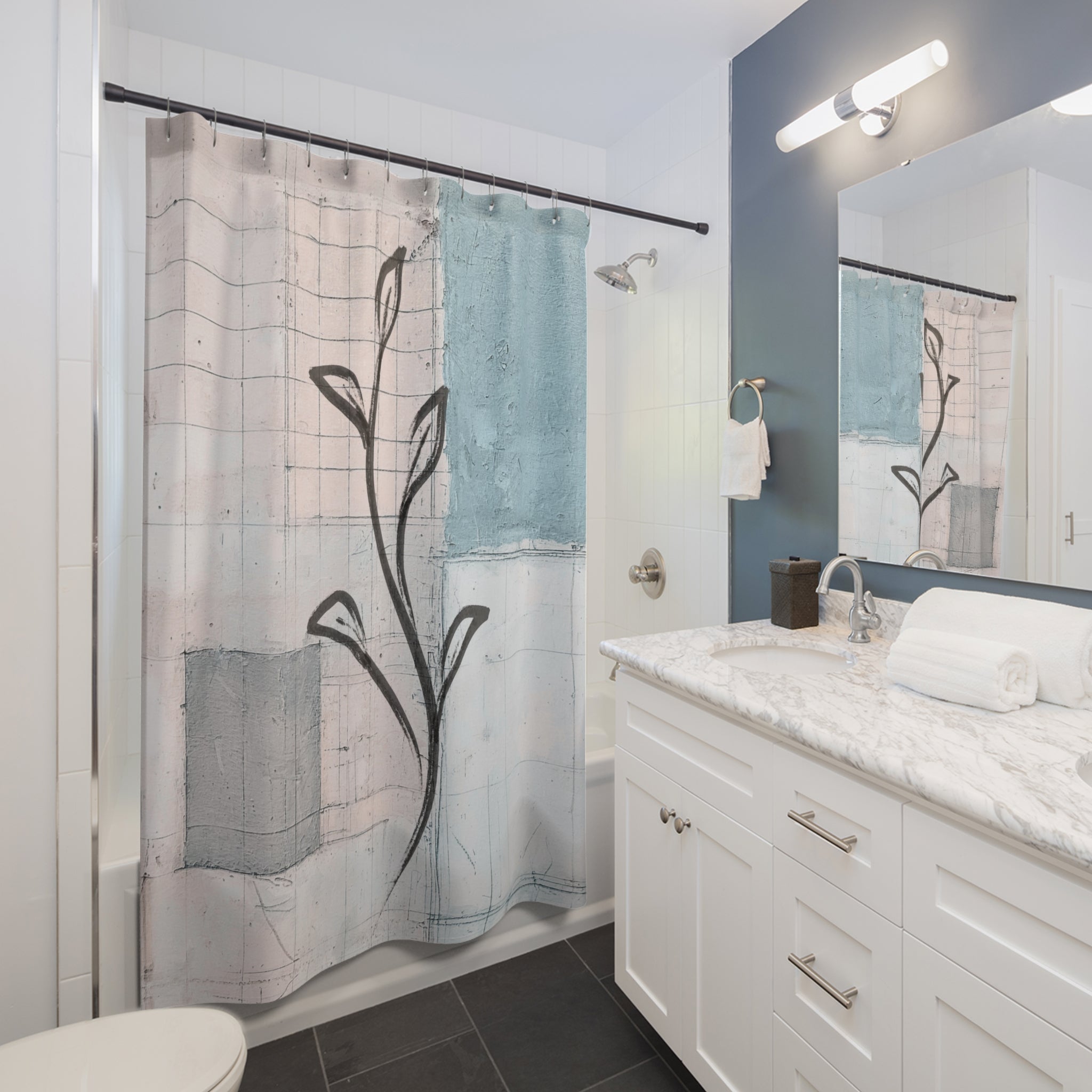 Boho Shower Curtain | Abstract Art Pale Blue, Blush Pink Grey Minimalist