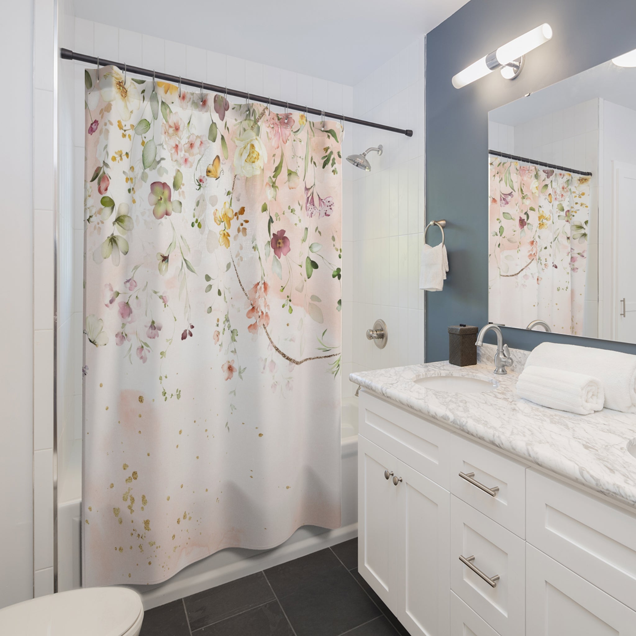 Boho Floral Shower Curtain | Blush Pink Colorful Green