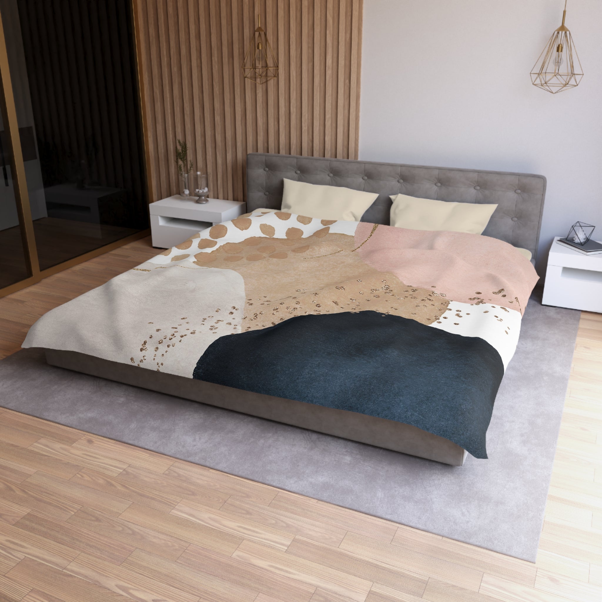 Abstract Duvet Cover | Navy Blue, Blush Beige Pink | Bedroom Decor