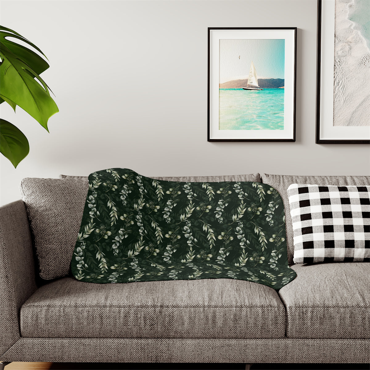 Forest Green Eucalyptus Sherpa Blanket | Dark Sage Botanical Throw