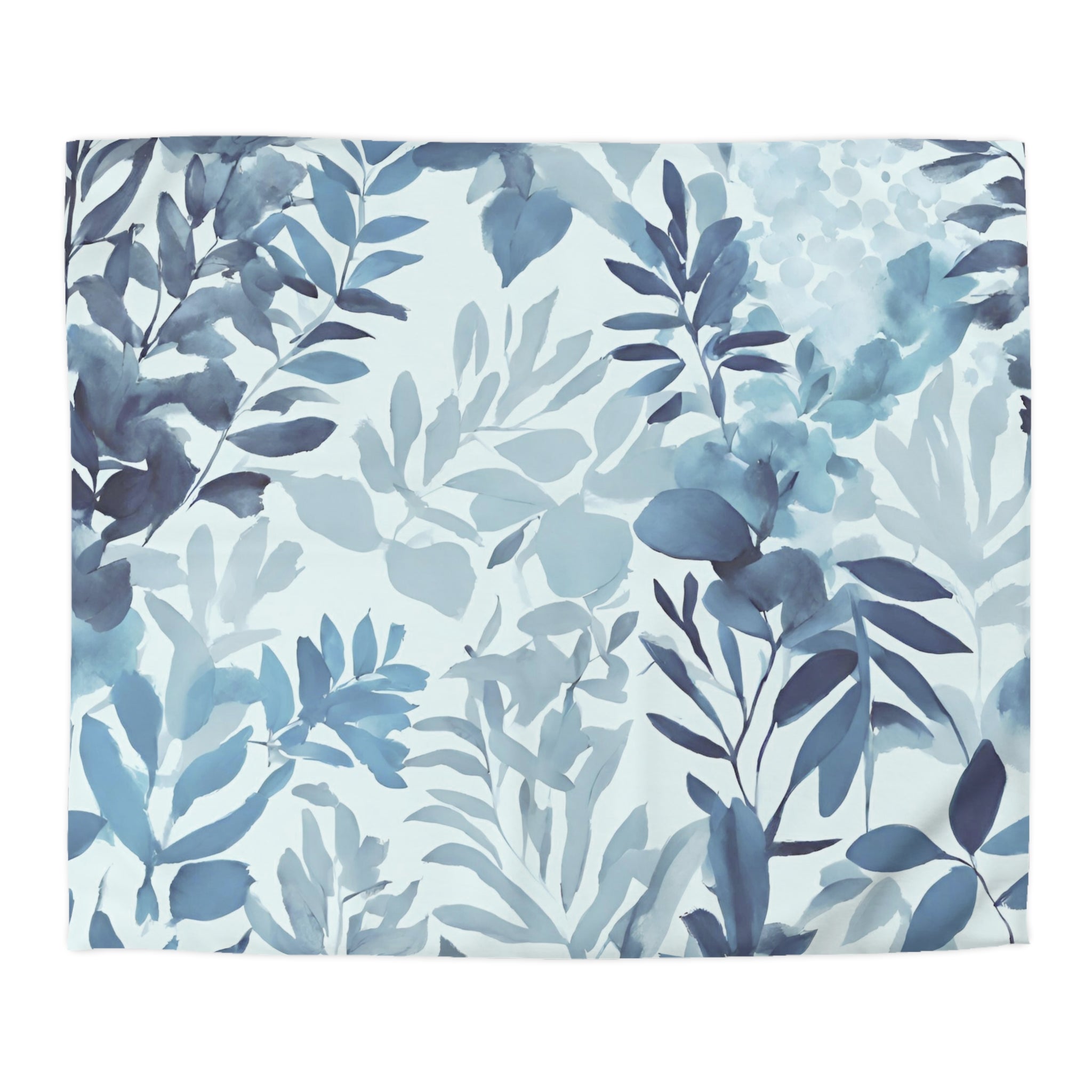 a repeating pattern of blue and white watercolor-style leaves and branches, creating a visually striking and harmonious design.