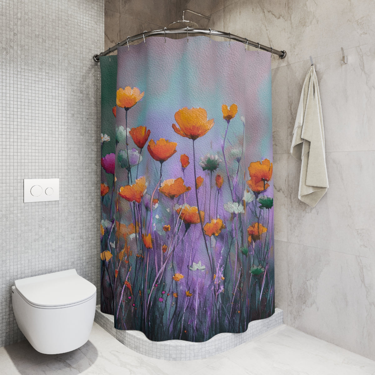 a bathroom with a shower curtain that has a colorful floral design. The shower curtain is hanging in the corner of the bathroom, and there is a towel rack next to it. The bathroom has a white toilet and a white tiled wall.