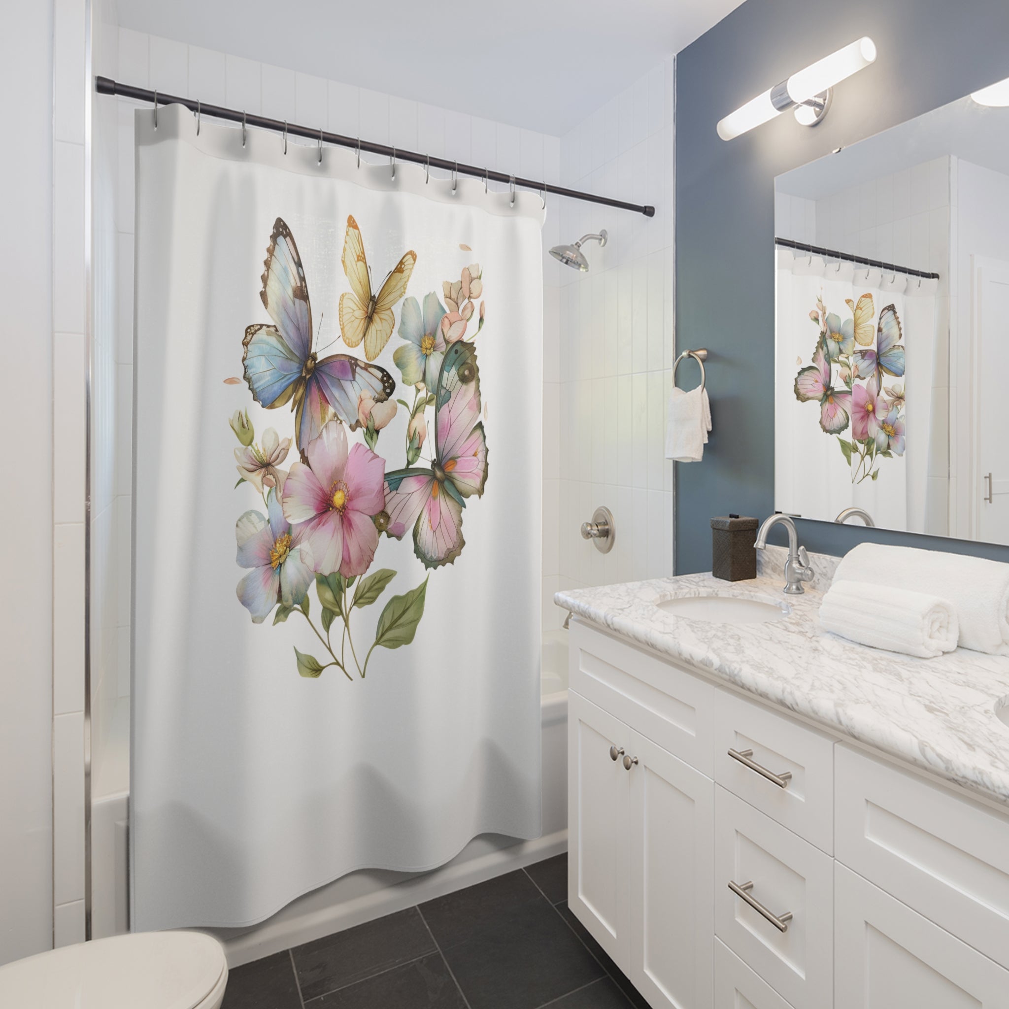 Butterflies Shower Curtain | Colorful Floral, White Shower curtain