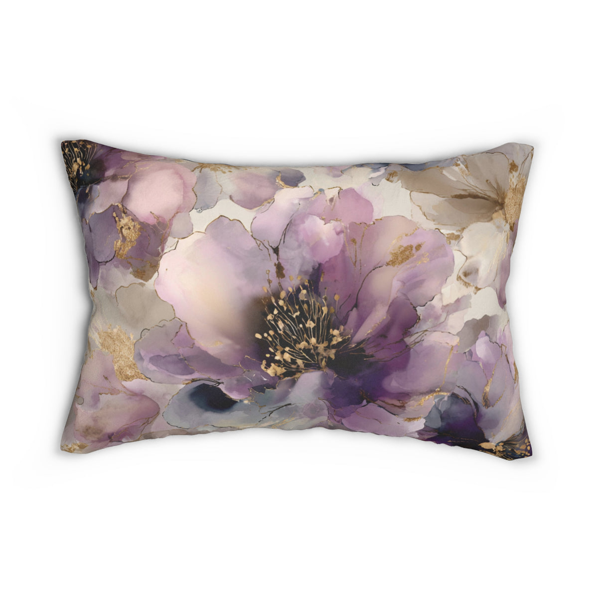 A decorative throw pillow with a floral pattern in shades of purple and gold.